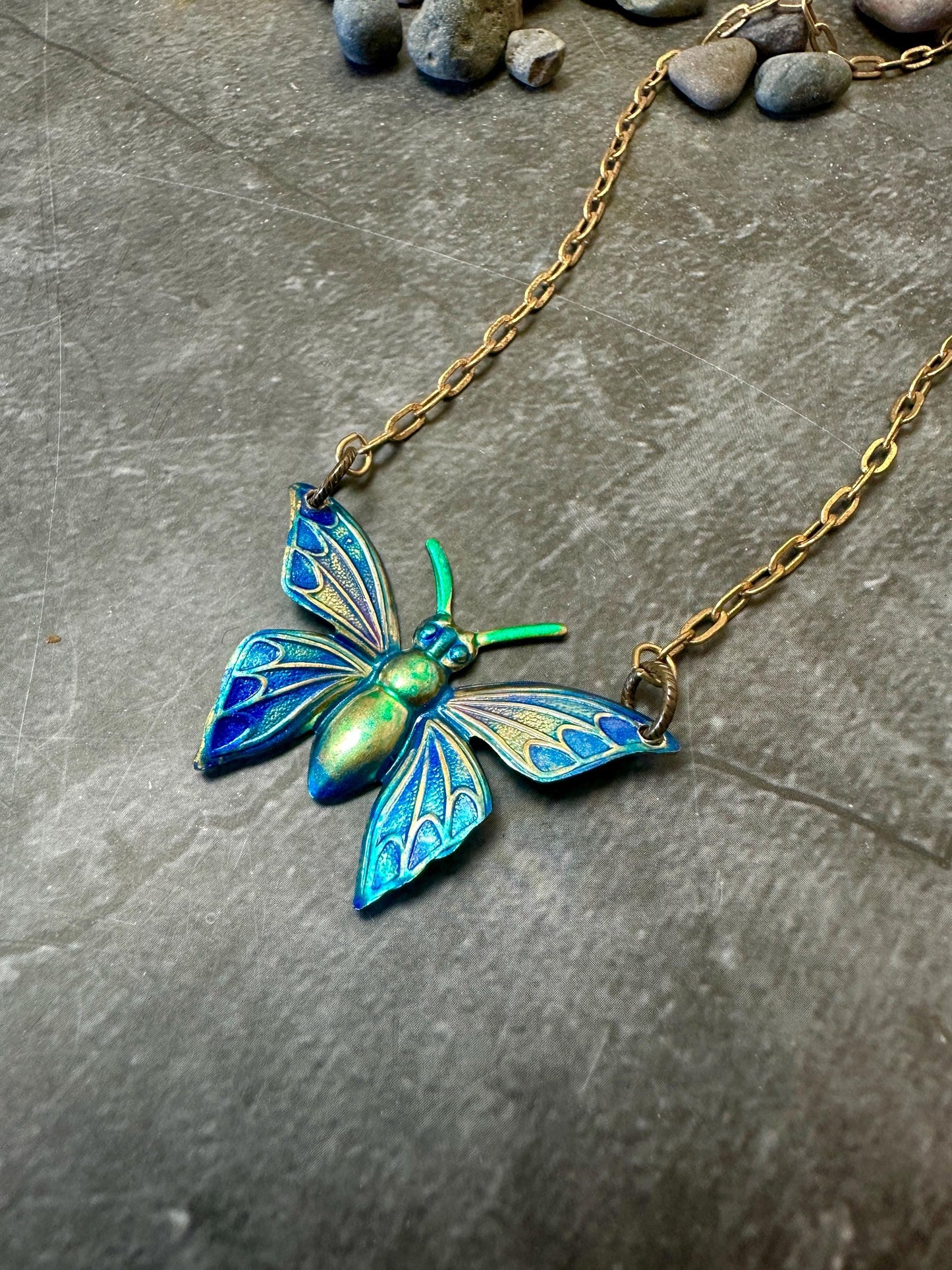 Luminous Butterfly Necklace- Hand Enamel Blue Purple Green Solid Brass - 16in