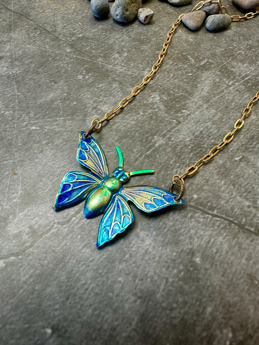 Luminous Butterfly Necklace- Hand Enamel Blue Purple Green Solid Brass - 16in