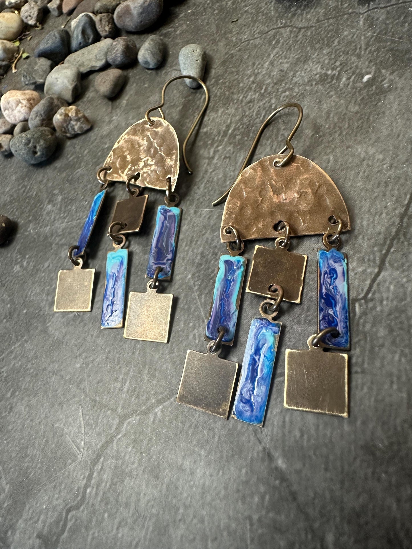 Geometric Dangle Earrings - Handmade Solid Hammered Brass Blue Hand Enamel