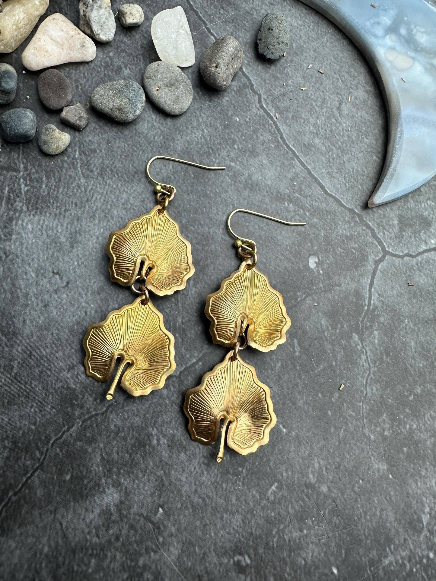 Botanical Leaf Earrings - Vintage Tooled Solid Brass