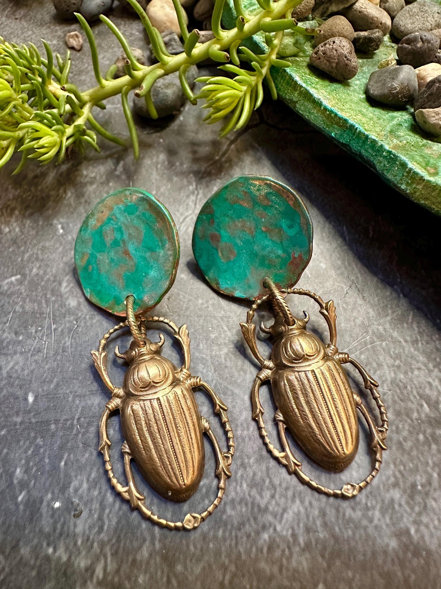 Scarab Moon Post Earrings- Handmade Solid Vintage Tooled Brass Hand Patina