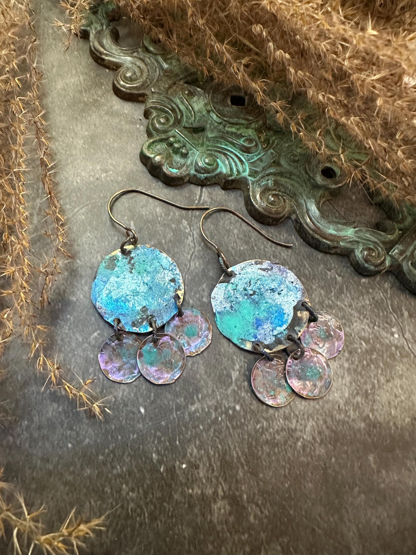 Mermaid Coin Earrings- Hand Patina Handmade Solid Beaten Brass Iridescent Patina