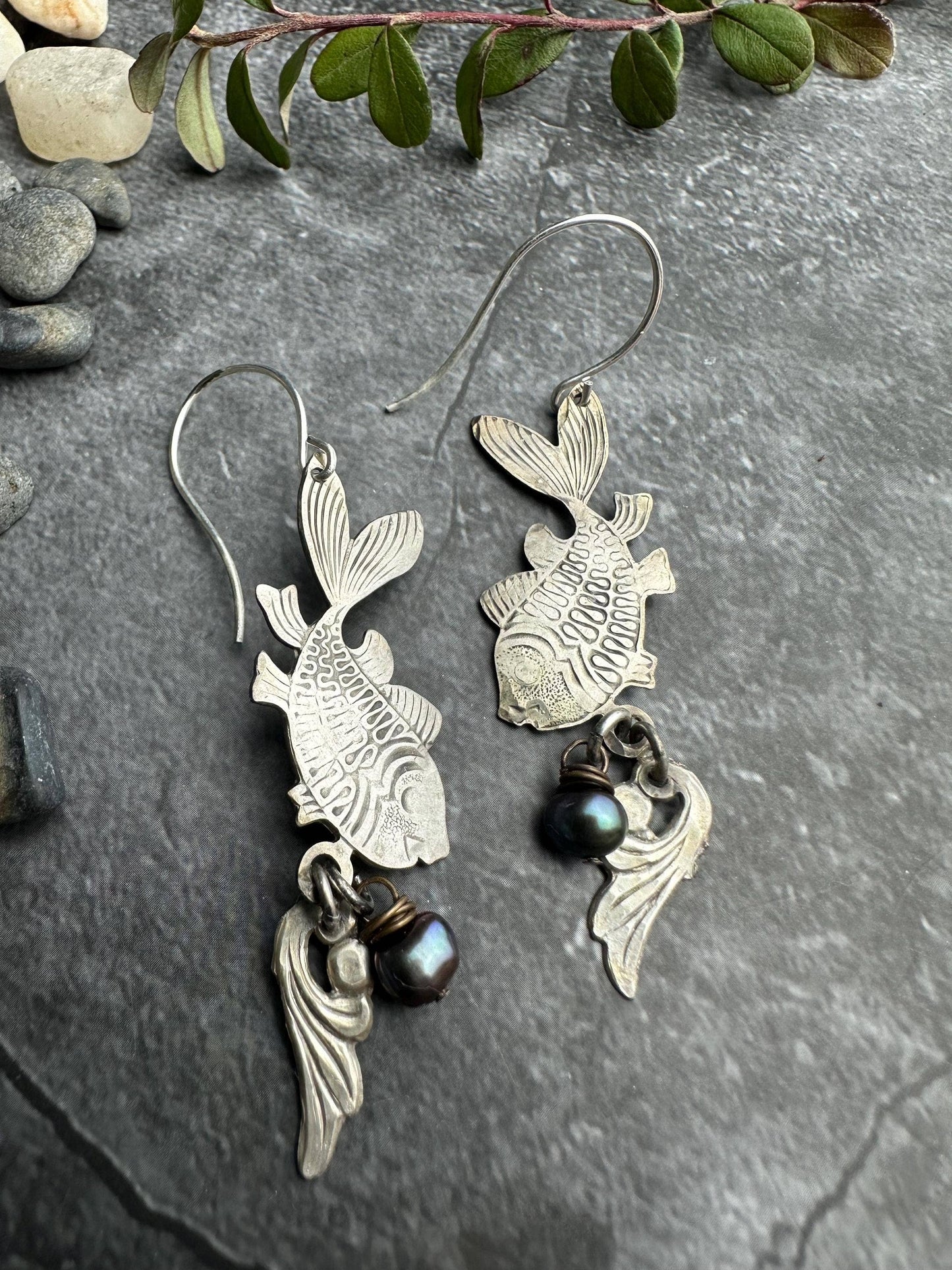 Silver Fish Earrings with Freshwater Pearl