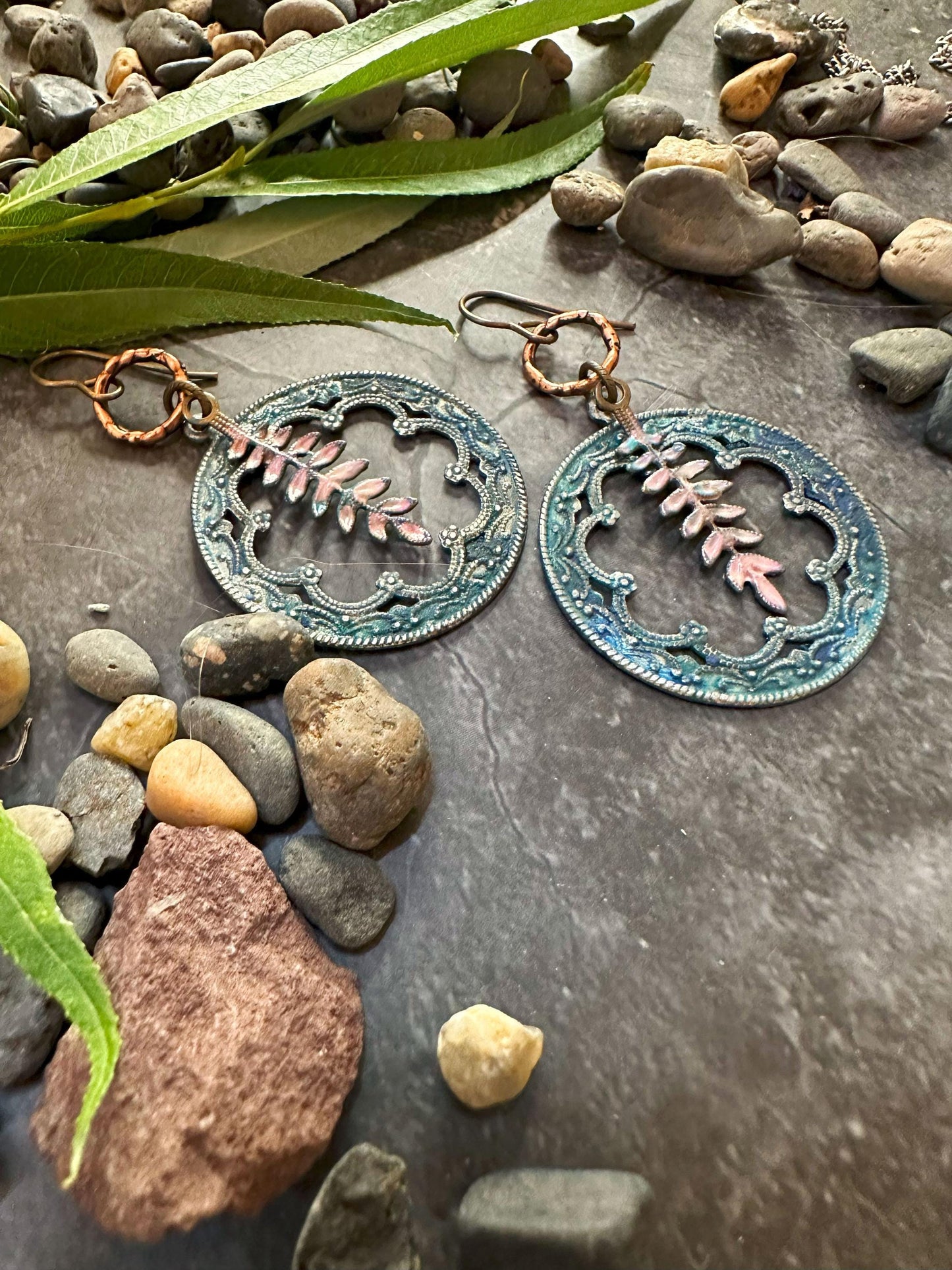 Fern Forest Frame Earrings- Handmade Solid Beaten Brass Iridescent Hand Patina
