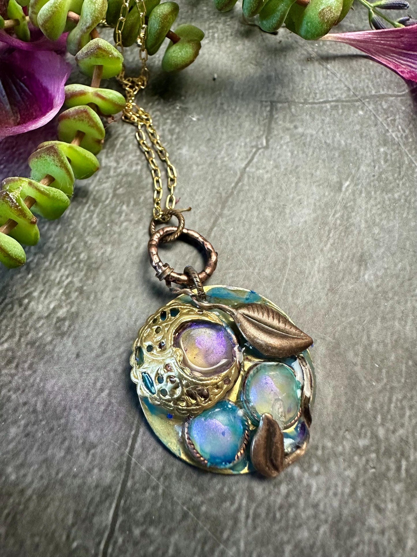 Moon Garden Necklace - Hand Patina Brass Hand colored Iridescent Resin
