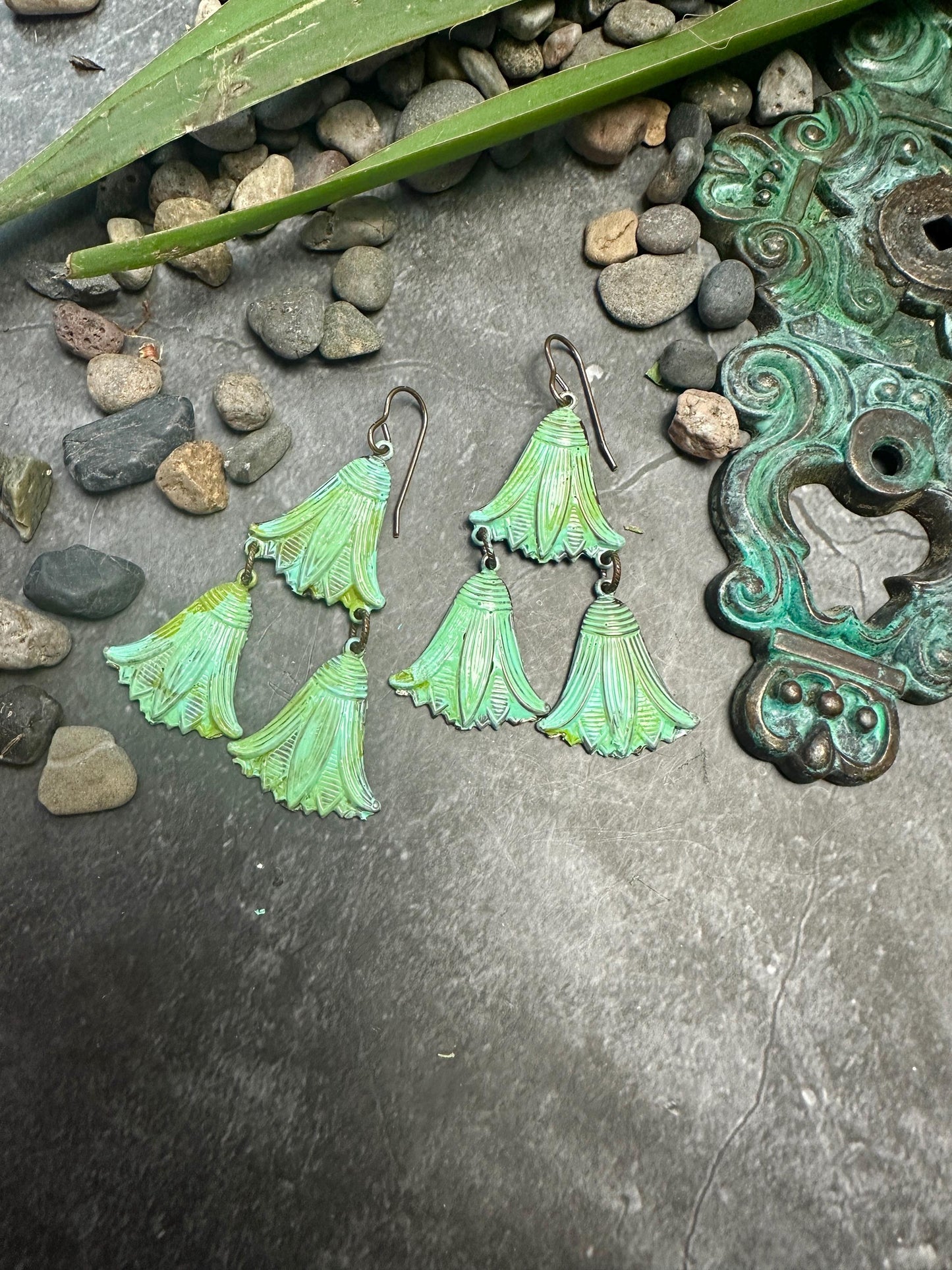 Lotus Drops Earrings- Handmade Beaten Solid Brass- Green Patina