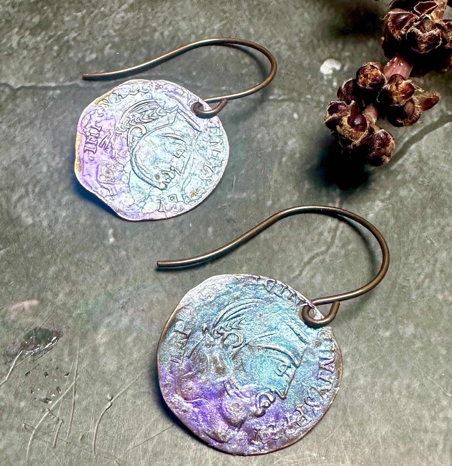 Roman Coin Earrings- Handmade Solid Beaten Brass Iridescent Hand Patina