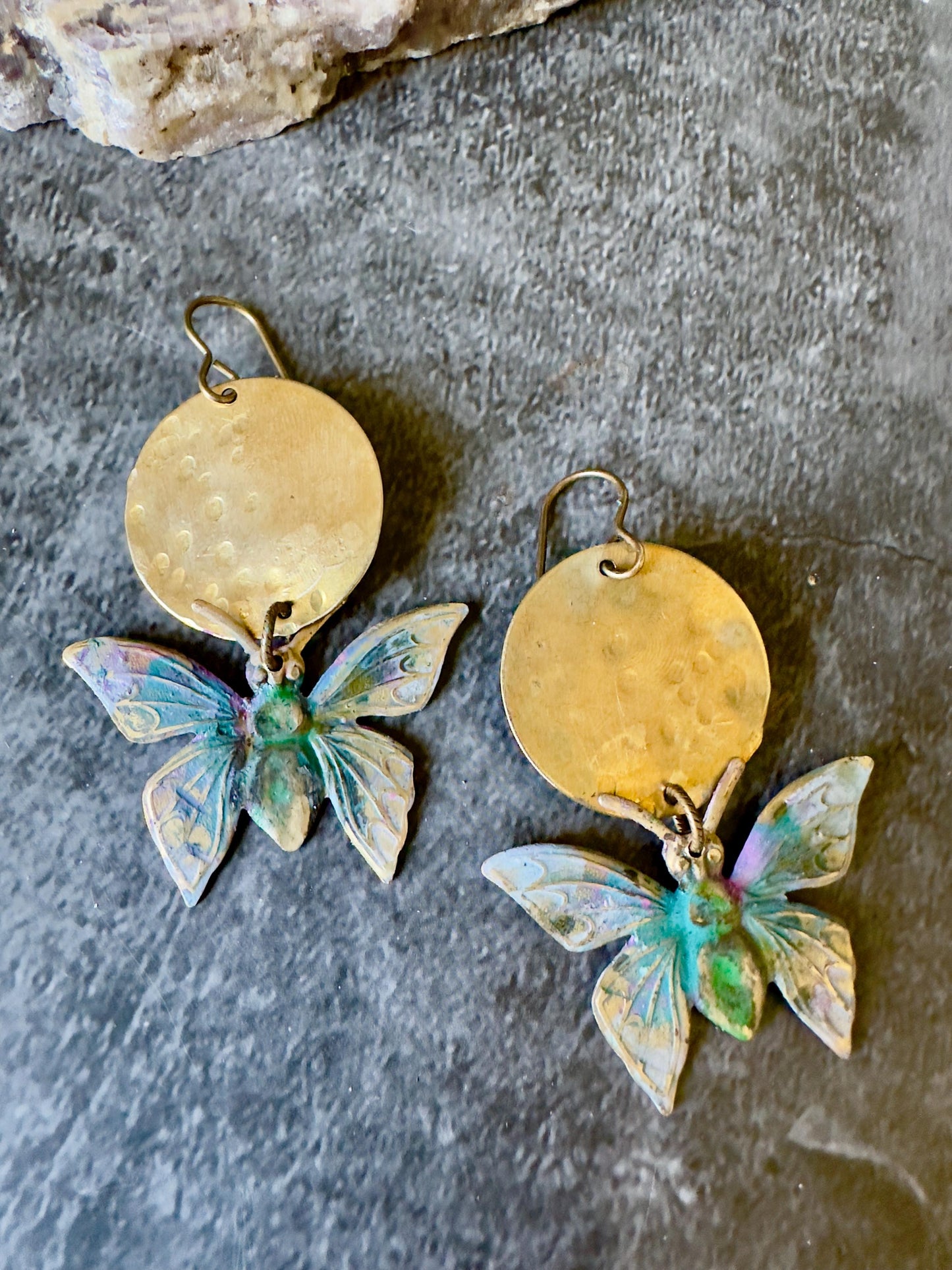 Lunar Butterfly Earrings- Handmade Solid Beaten Brass Hand Patina