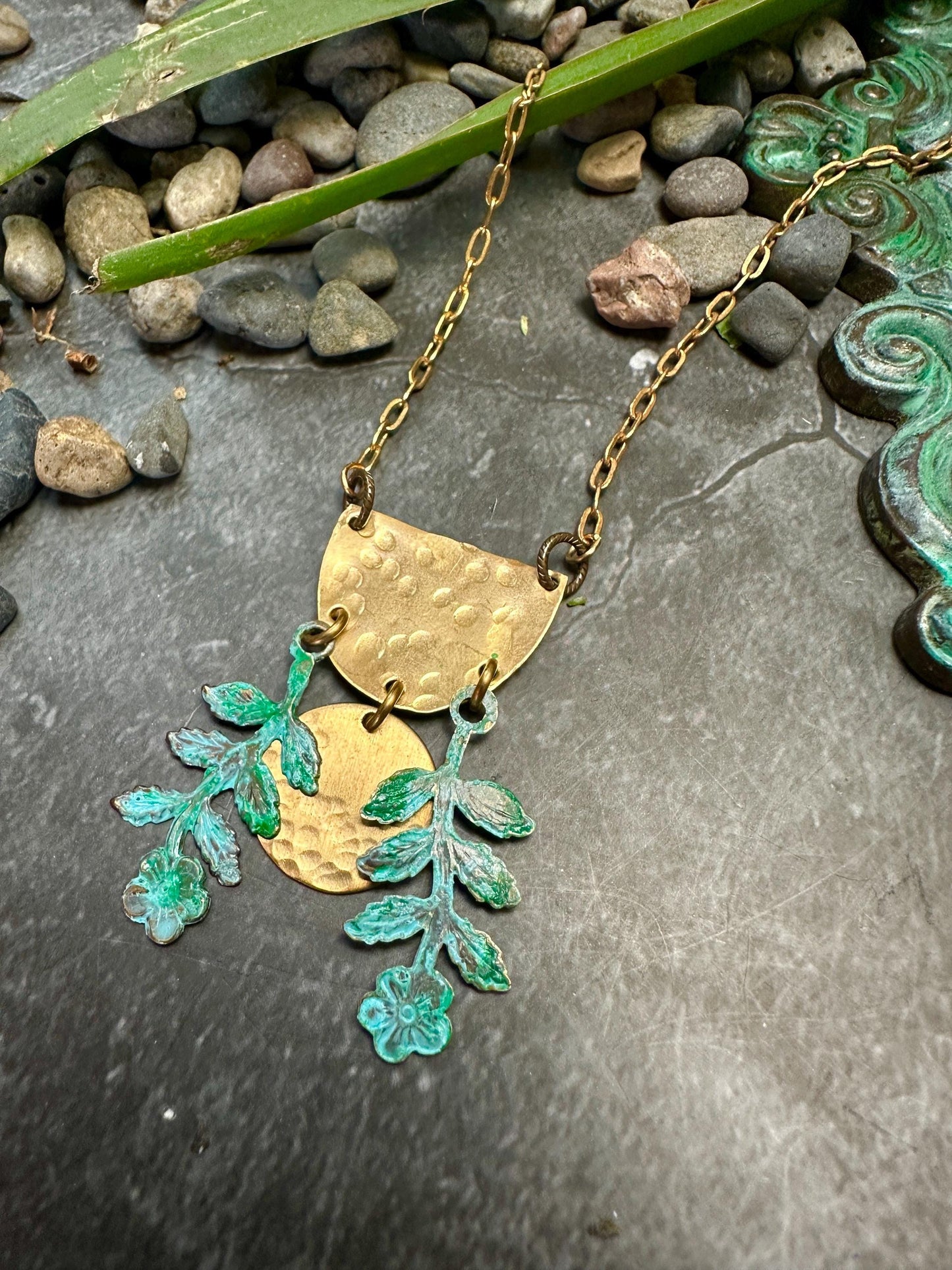 Moon Flower Necklace- Hand Hammered Solid Brass, Hand Patina- 16in