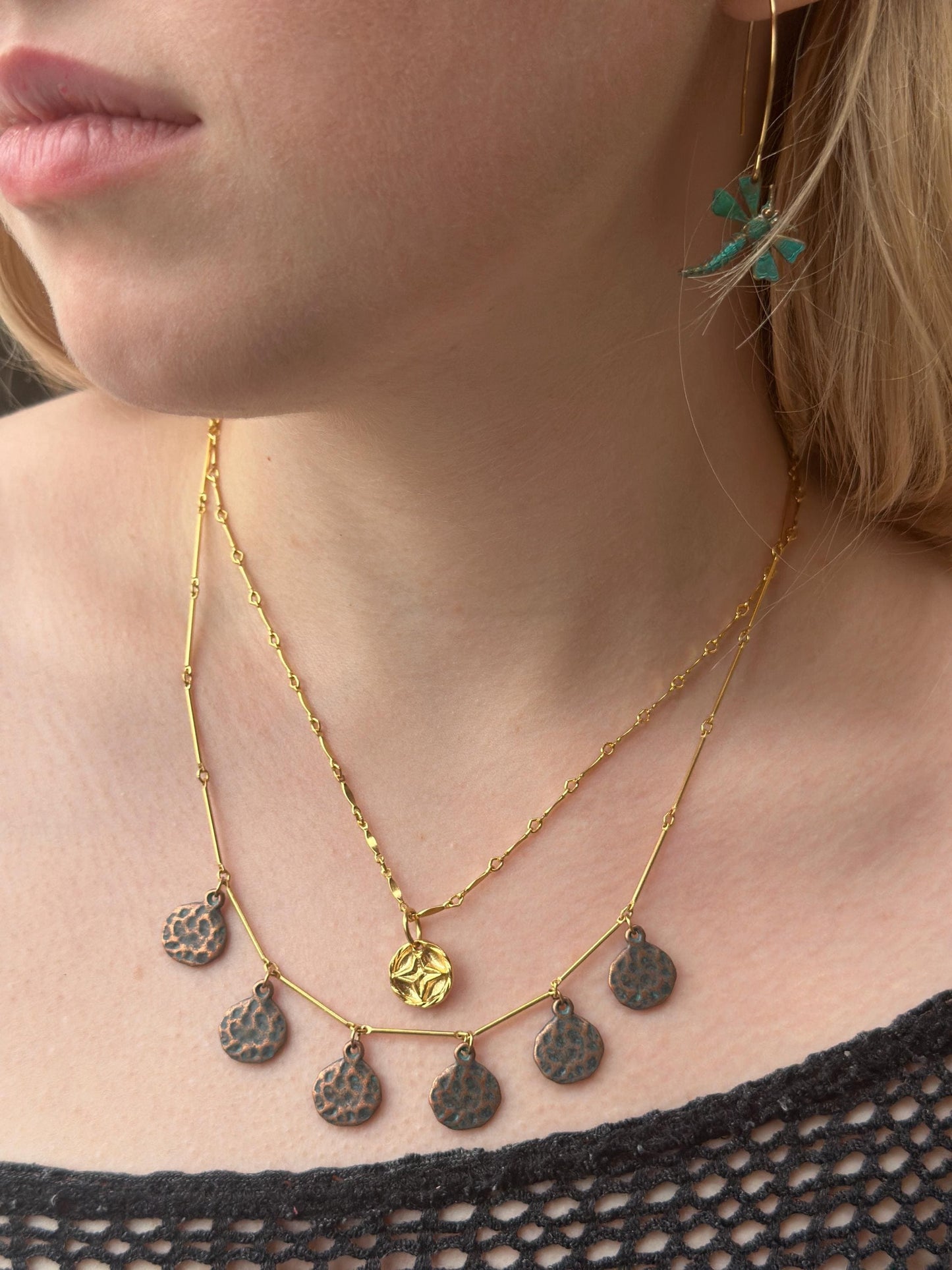 Calypso Necklace- Hammered Copper over Pewter, 10k Gold Plated Chain - 18 inch