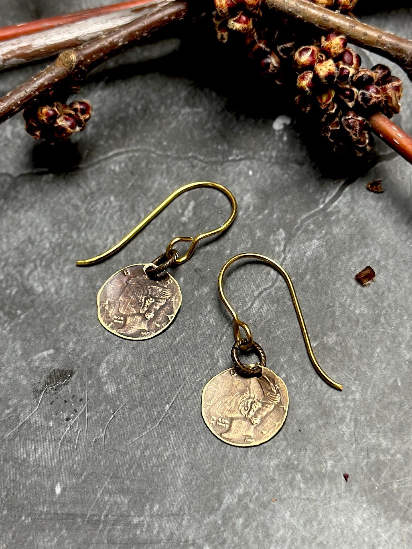 Distressed Coin Earrings Mercury Mythology - Bronze Handmade Solid Beaten Brass