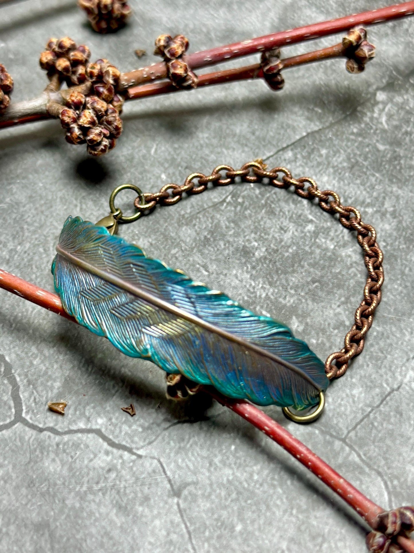 Iridescent Feather Bracelet - Handmade Solid Brass & Hand Patina