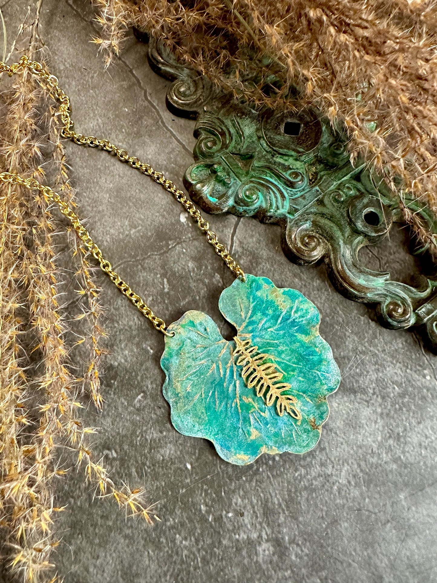 Lily Pond Necklace - Handmade Solid Beaten Hammered Brass Hand Patina Finish