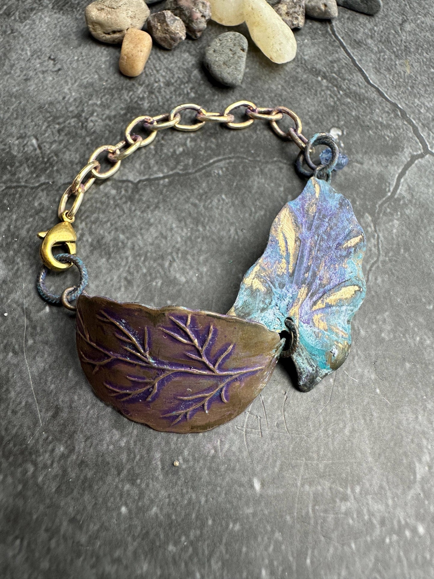 Pressed Leaf Bracelet - Solid Brass with Purple Patina