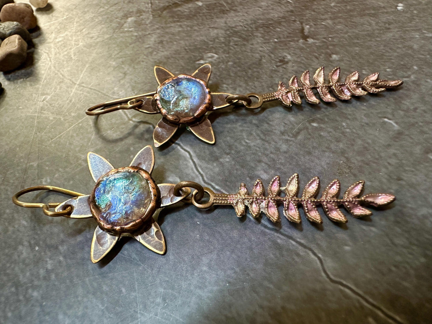 Dewdrop Fern Forest Earrings- Handmade Solid Beaten Brass Iridescent Hand Patina