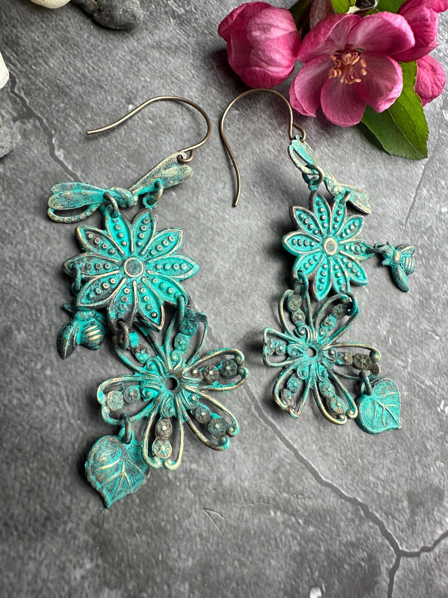 Patina Floral Insect Earrings