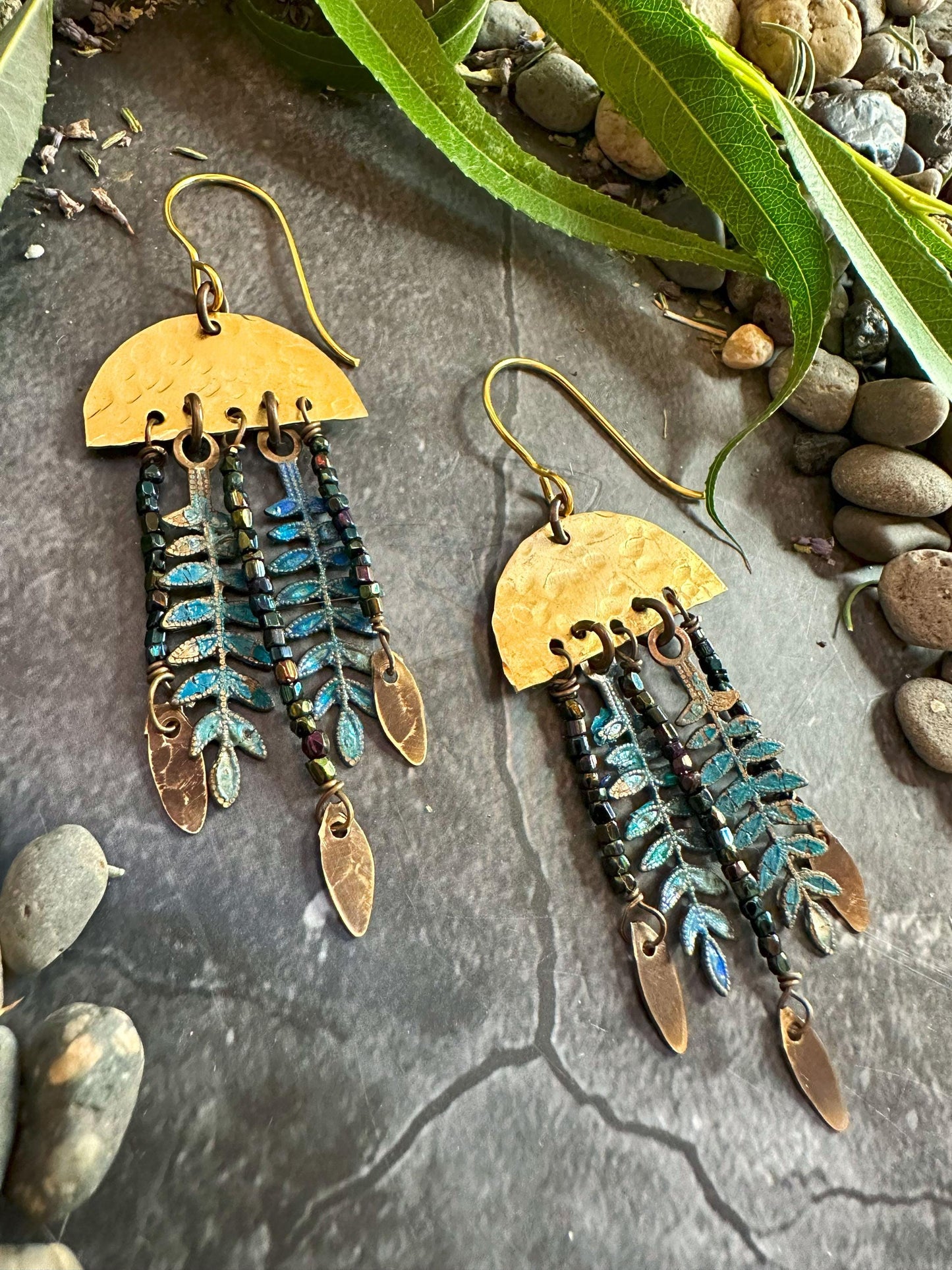 Midnight Fern Fringe Earrings - Handmade Solid Beaten Brass Beaded Hand Patina