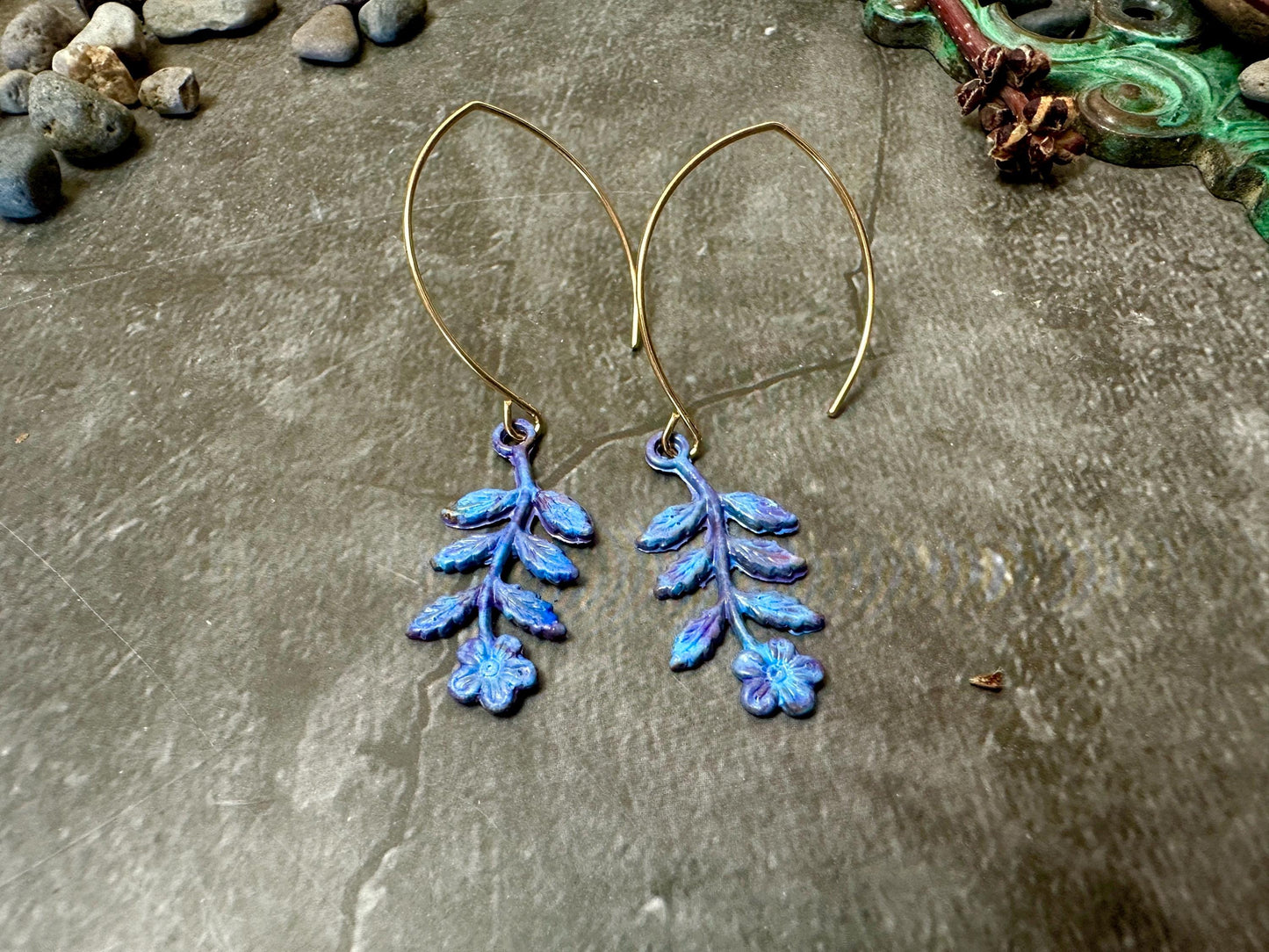 Floral Sprig Charm Earrings Garden Fairy - Handmade Solid Brass Purple Hand Patina