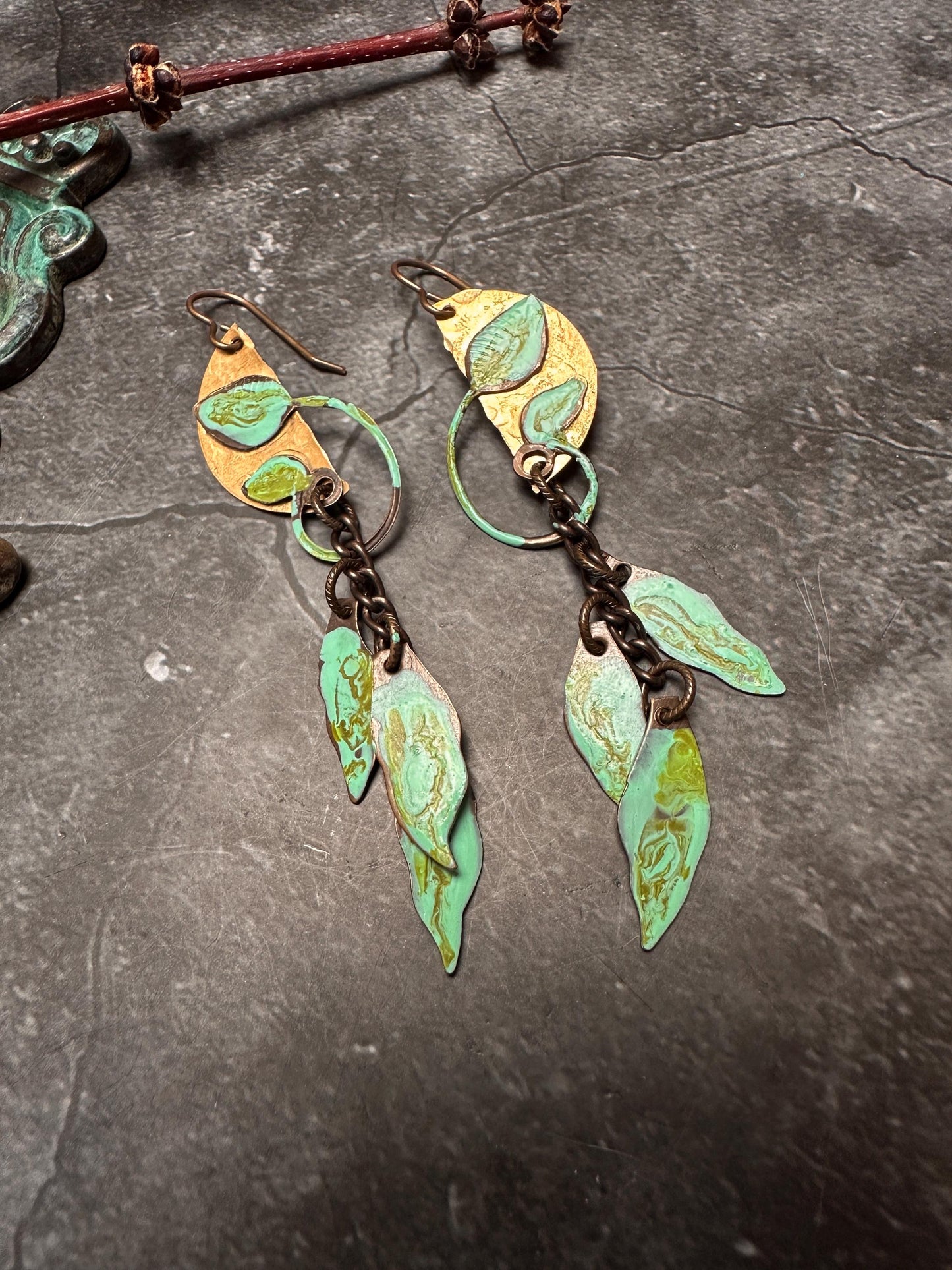 Falling Leaves - Handmade Solid Beaten Brass Hand Patina Earrings