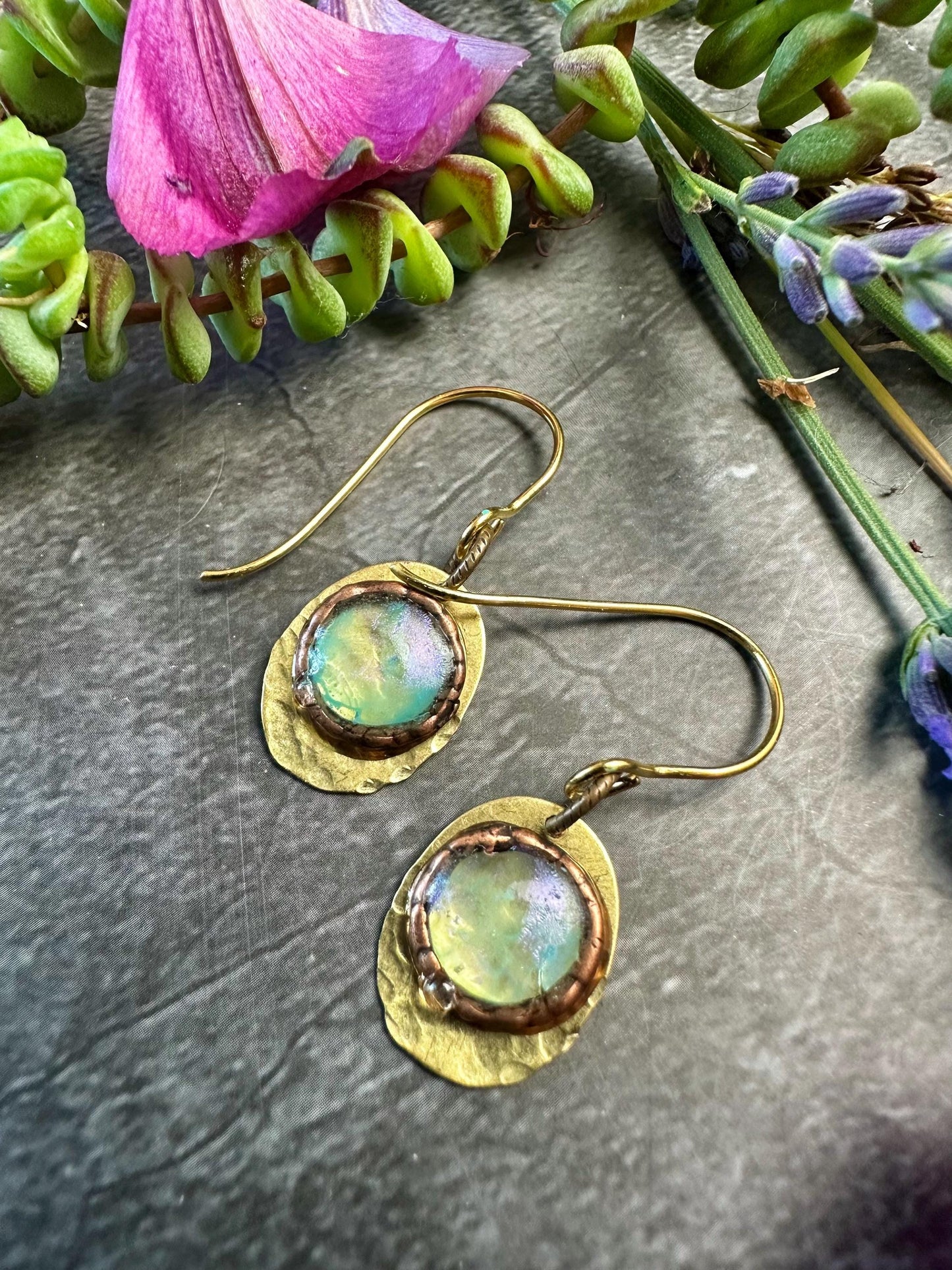 Gleaming Pool Earrings- Handmade Beaten Brass with Hand Colored Iridescent Resin