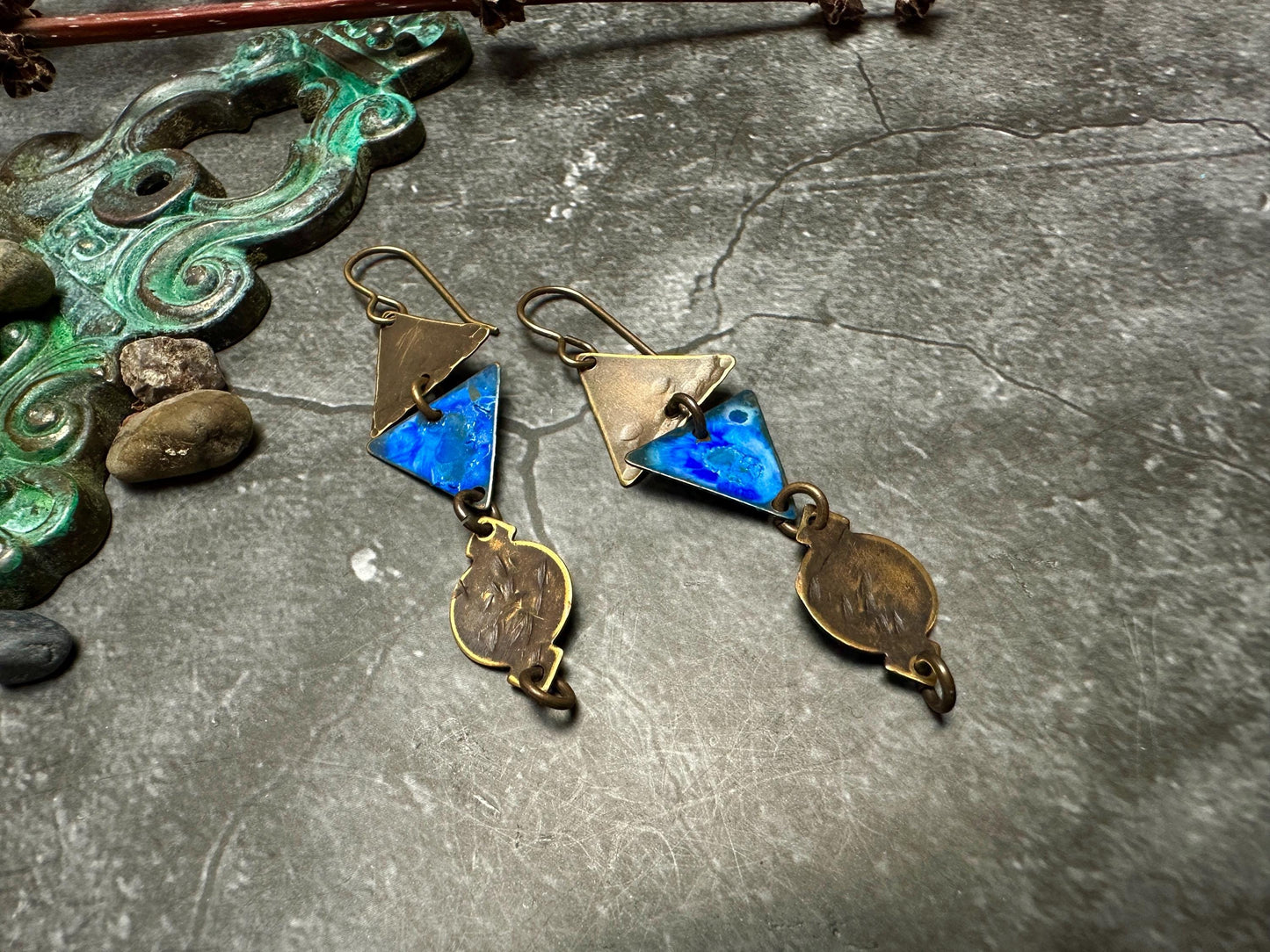 Geometric Triangle Ancient Vessel Earrings- Hand Enamel Blue Bronze Handmade Solid Beaten Brass
