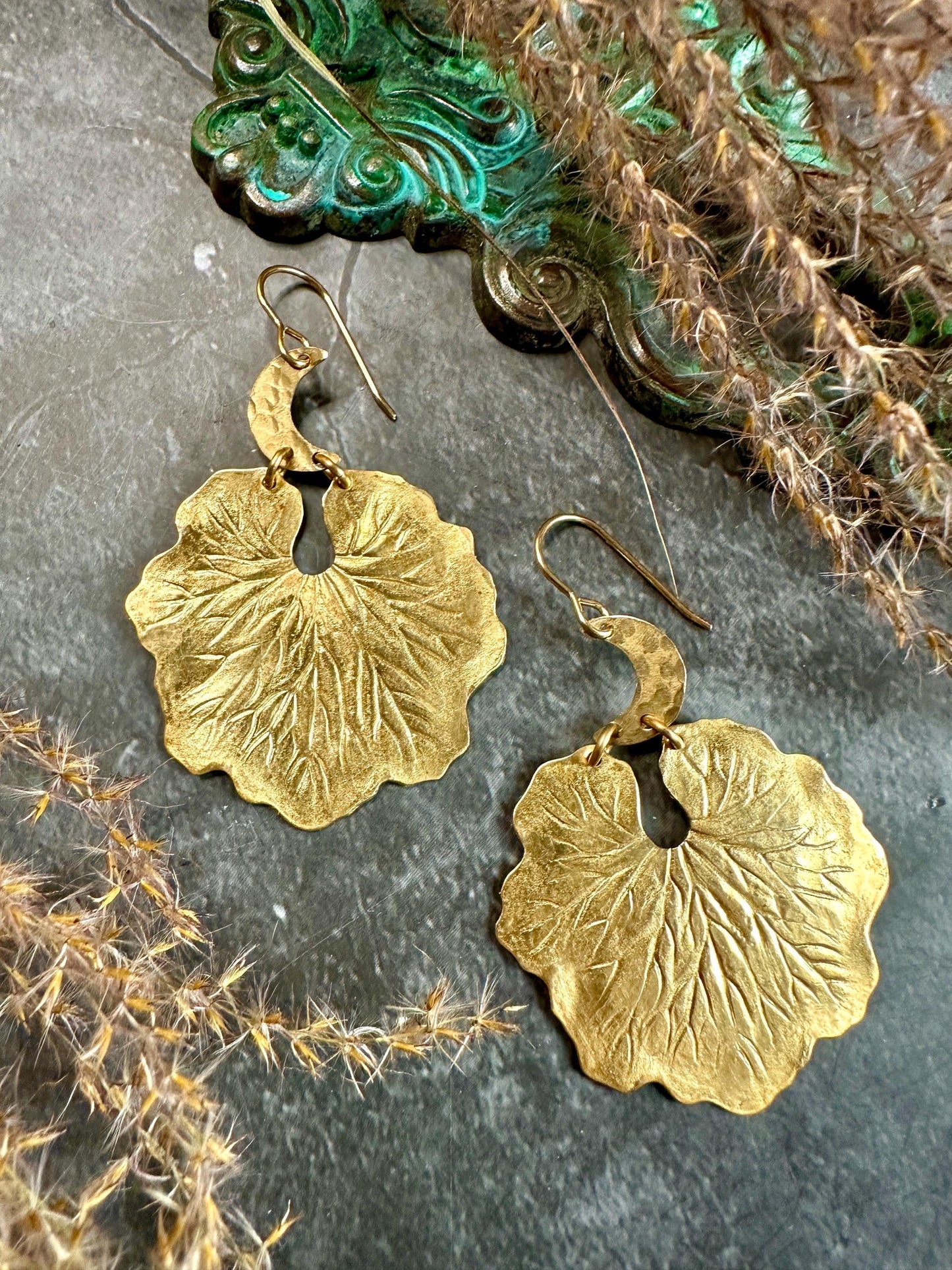 Crescent Moon Lilypad Leaf Earrings- Nouveau Handmade Beaten Solid Brass