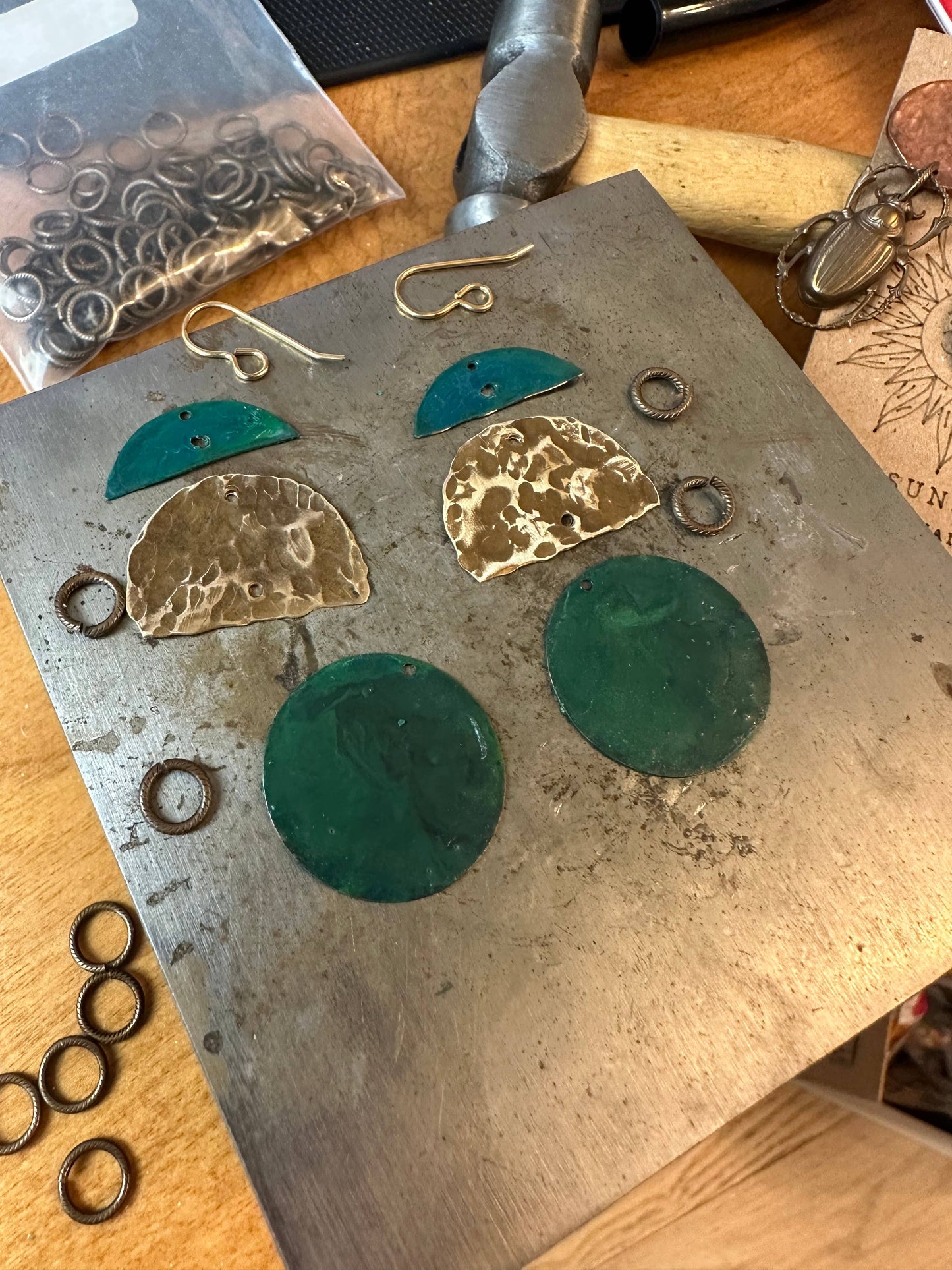 Geometric Shape Earrings- Handmade Solid Beaten Patina Brass