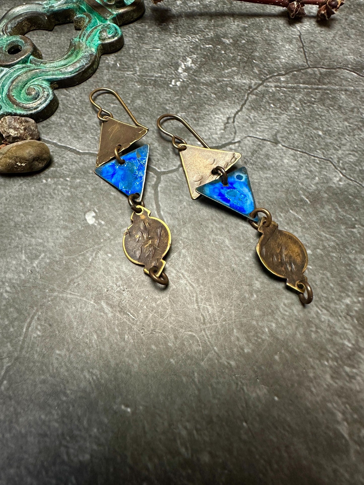 Geometric Triangle Ancient Vessel Earrings- Hand Enamel Blue Bronze Handmade Solid Beaten Brass