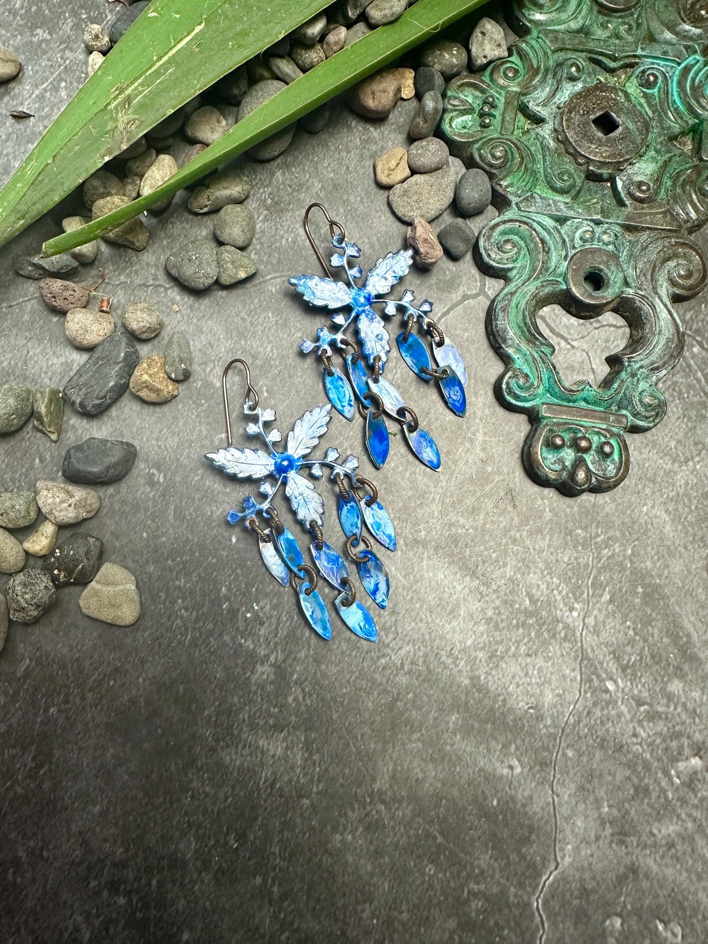 Wisteria Petals Earrings- Handmade Beaten Solid Brass - Blue Patina
