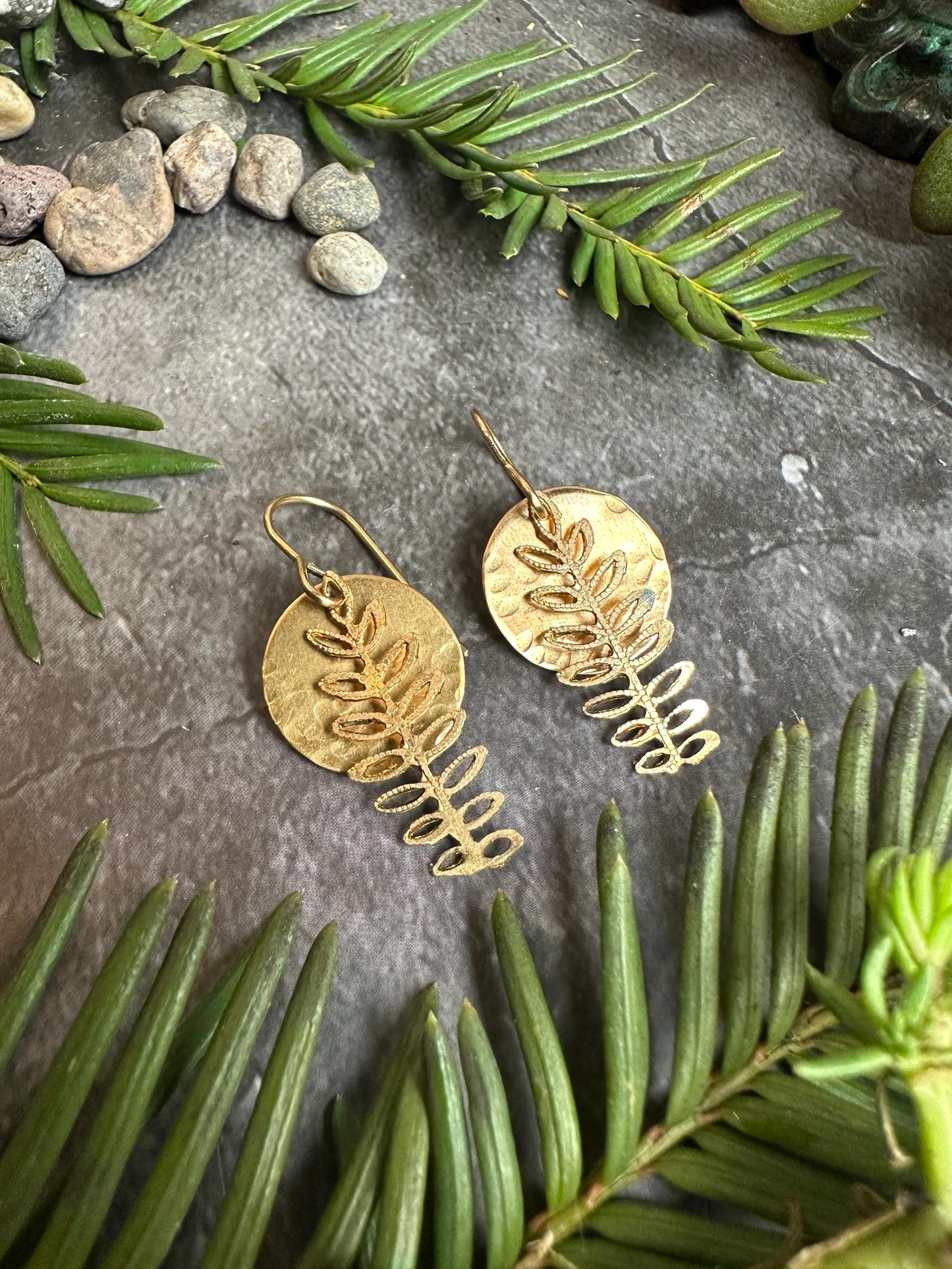 Fern Moon Earrings - Handmade Solid Hammered Brass