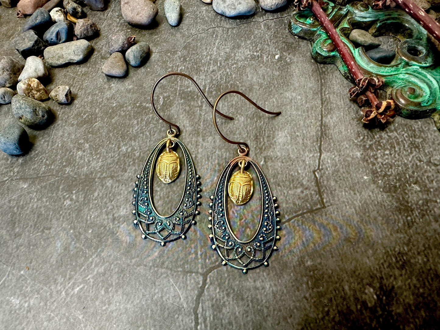 Egyptian Revival Filigree Scarab Beetle Earrings- Handmade Solid Vintage Tooled Brass Blue Hand Patina