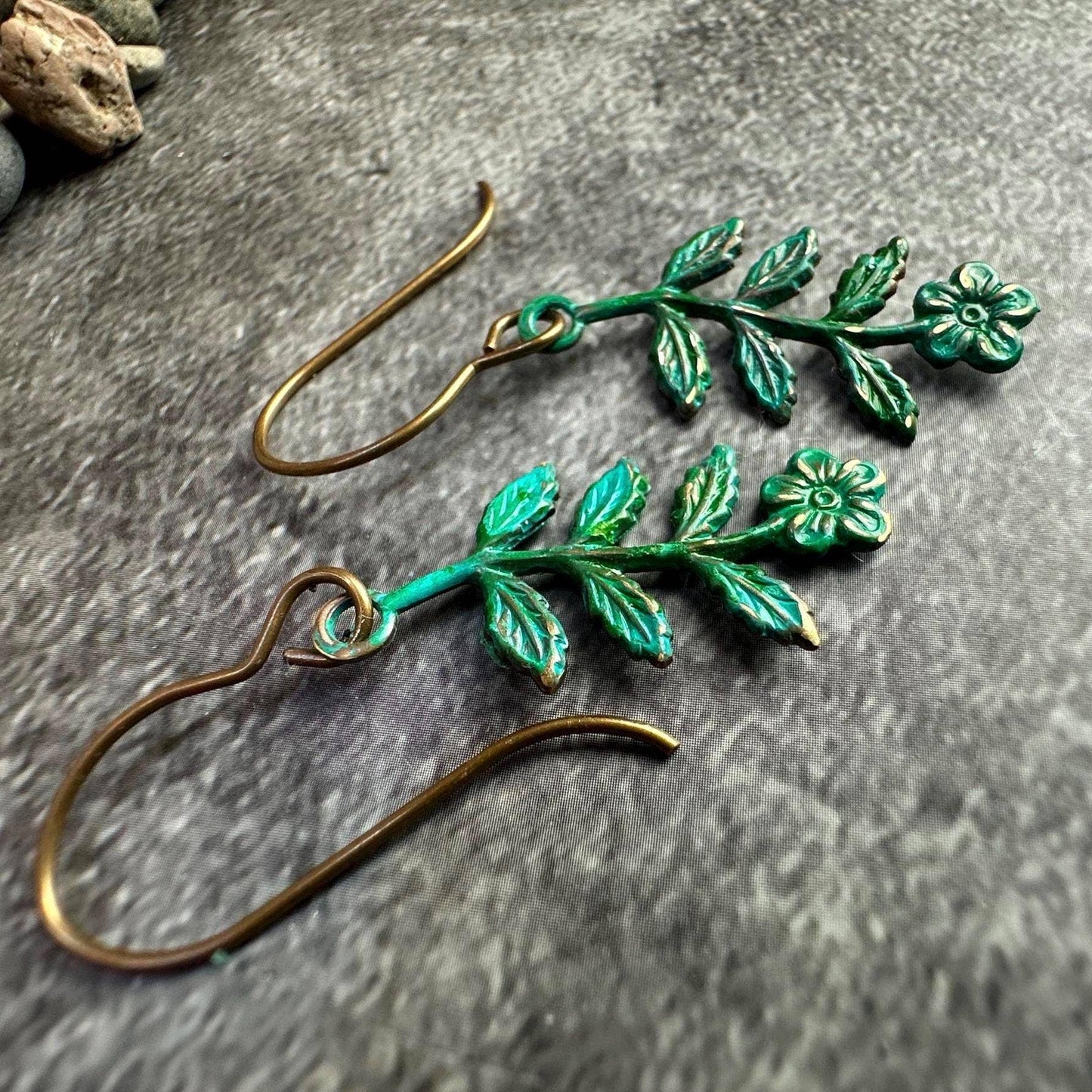Forest Earrings - Handcrafted Brass Flower with Green Patina