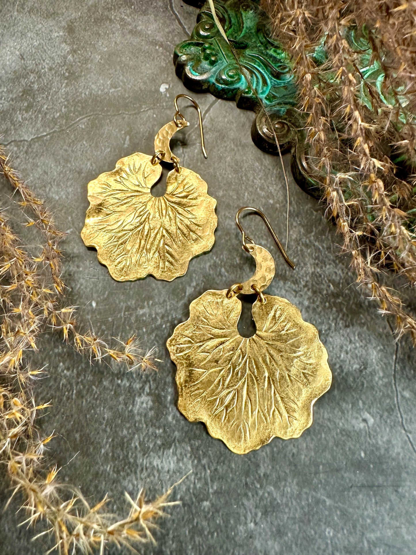 Crescent Moon Lilypad Leaf Earrings- Nouveau Handmade Beaten Solid Brass
