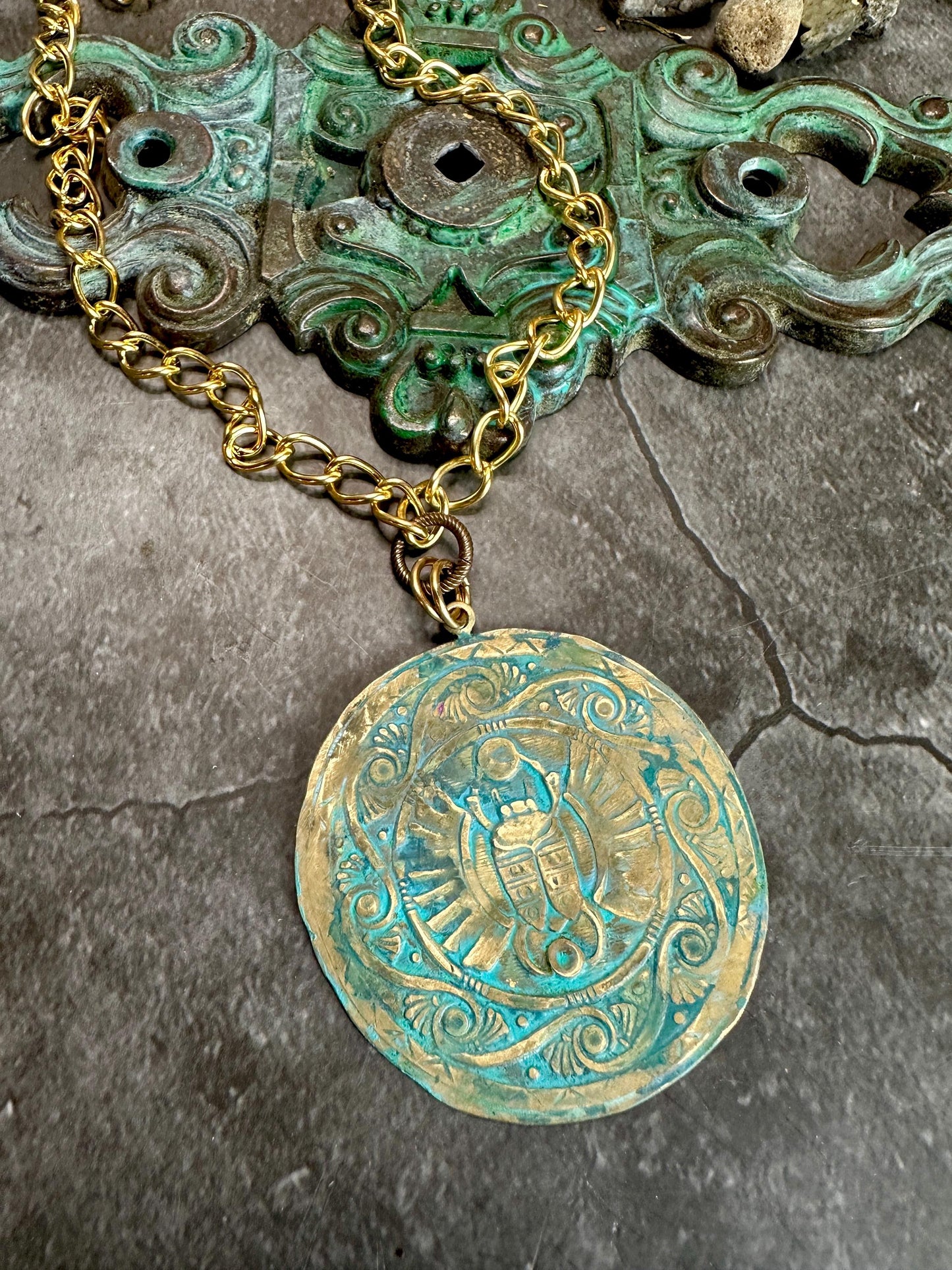 Ancient Scarab Egypt Medallion Necklace - Handmade Solid Beaten Hammered Brass Green Ox Hand Patina Finish