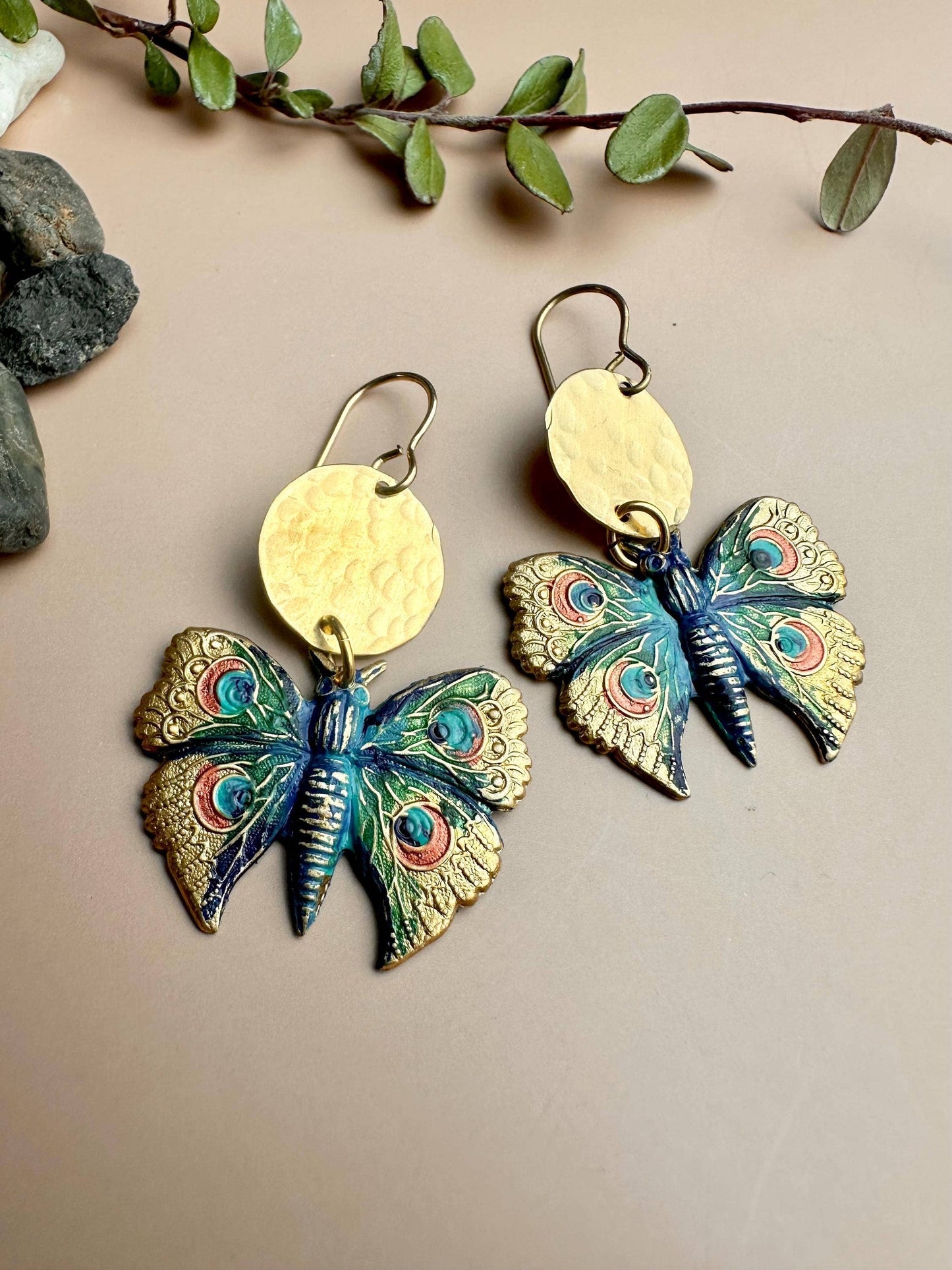 Peacock Butterfly Earrings - Hand Painted Brass Dangles