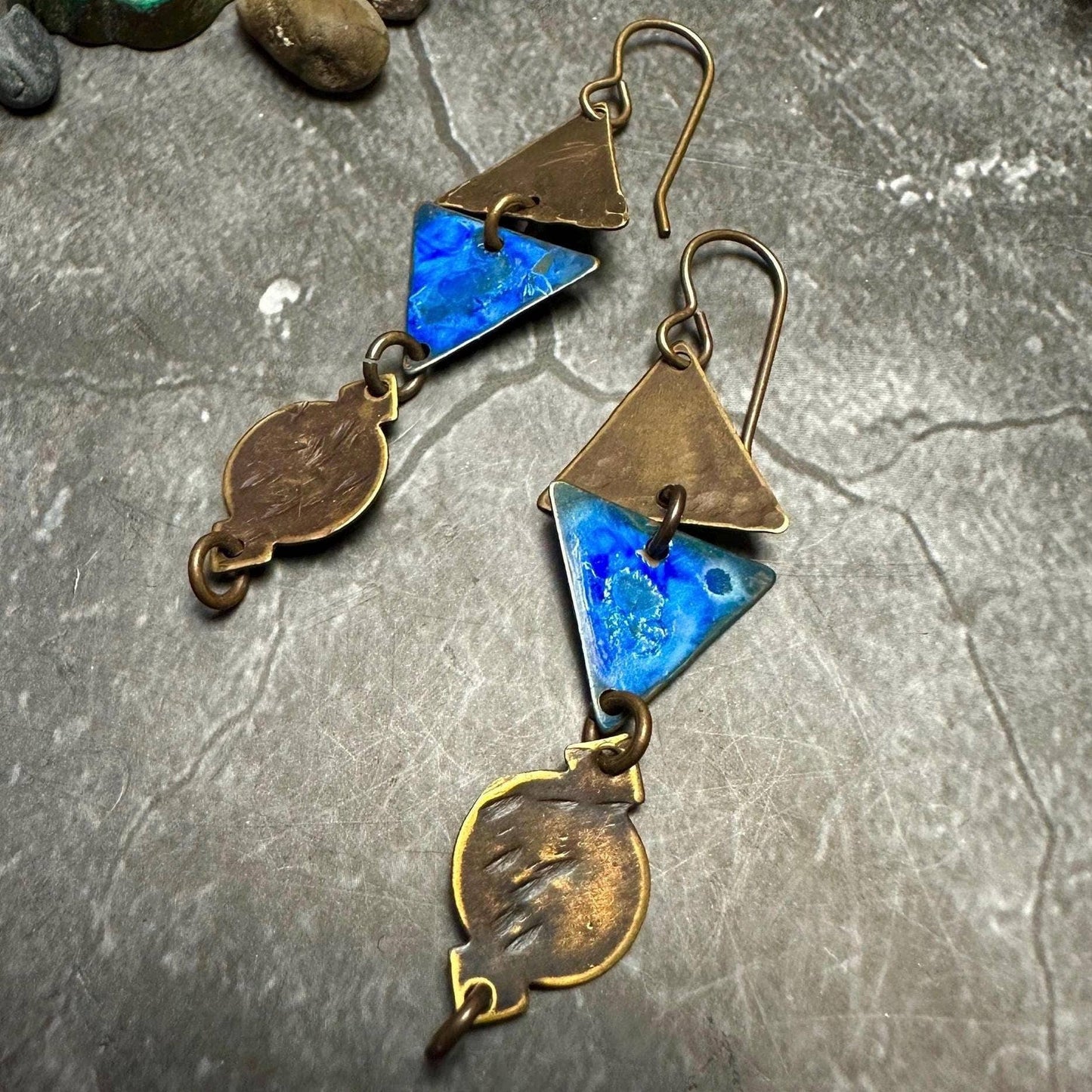 Triangle Earrings - Hand Enamel Blue Bronze Beaten Brass