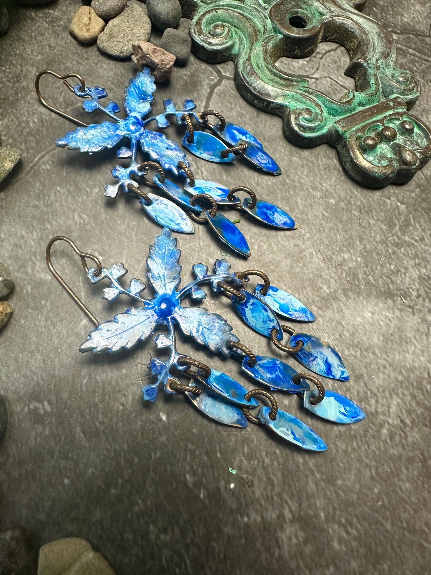 Wisteria Petals Earrings- Handmade Beaten Solid Brass - Blue Patina