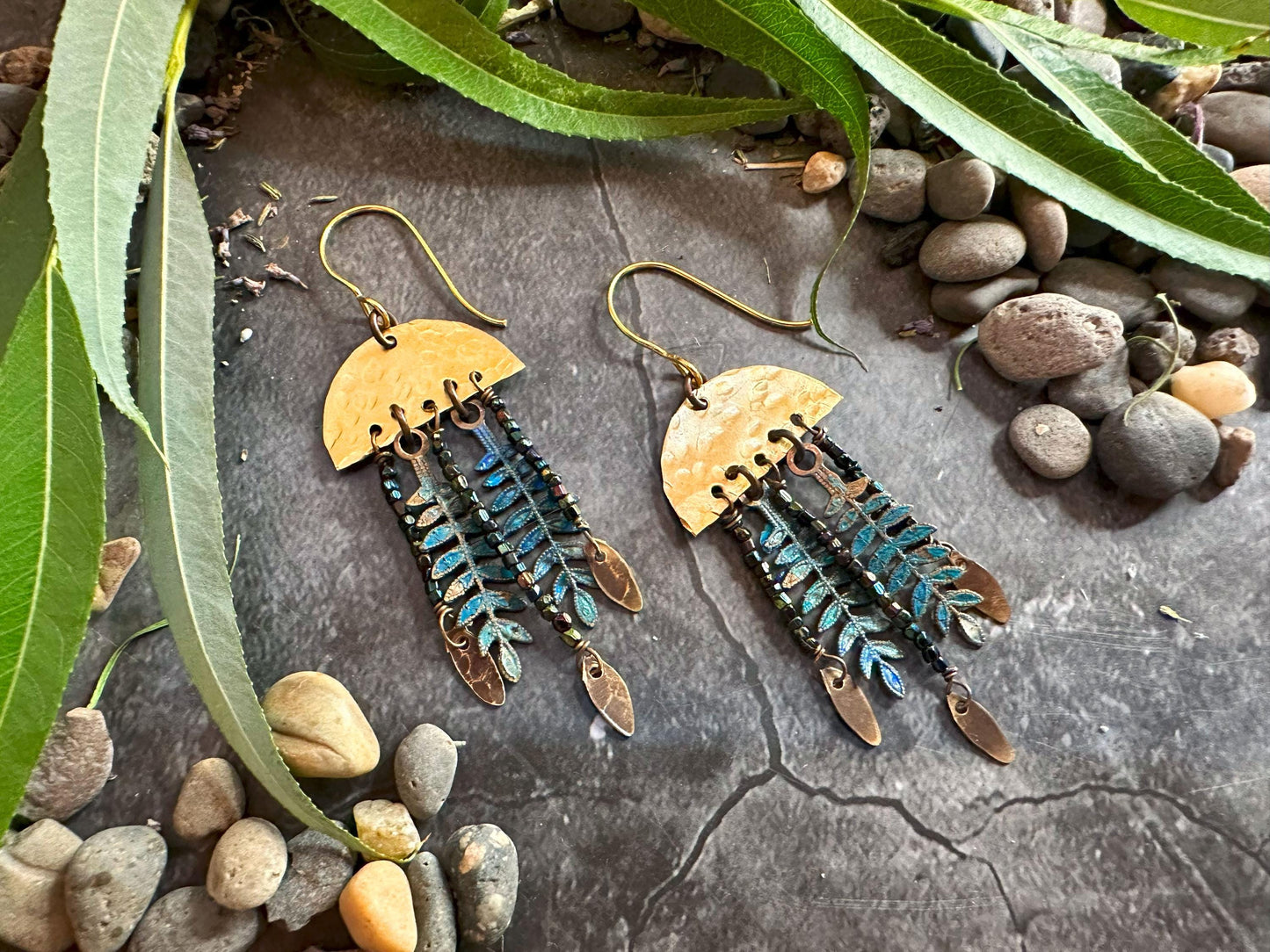 Midnight Fern Fringe Earrings - Handmade Solid Beaten Brass Beaded Hand Patina