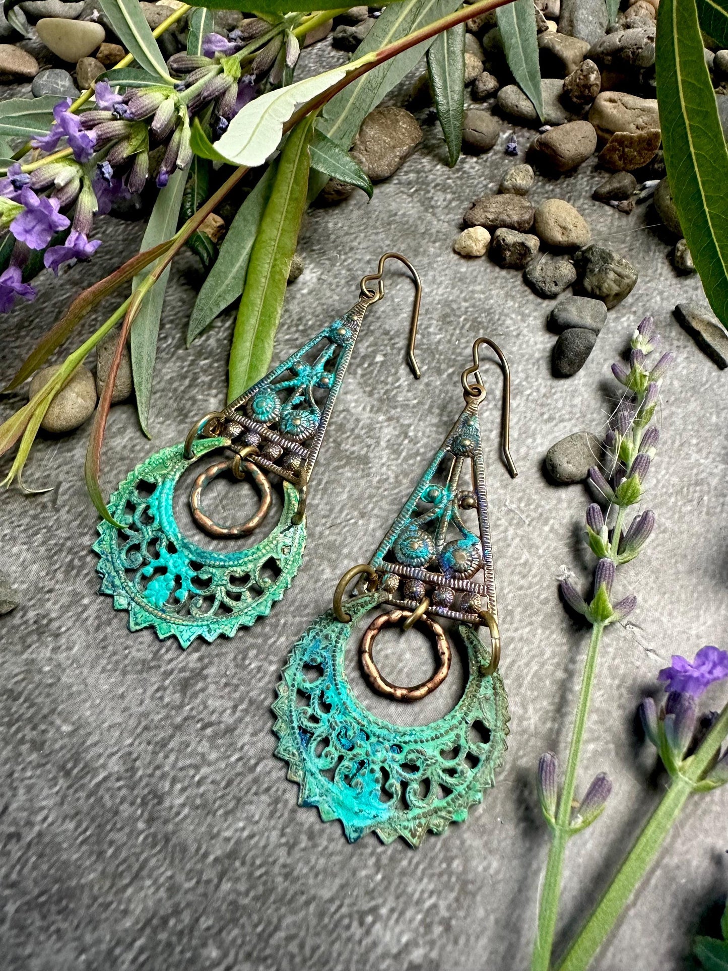 Verdigris Filigree Moon Earrings- Handmade Solid Brass Green Blue Hand Patina