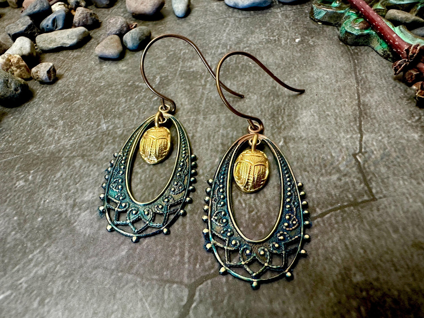 Egyptian Revival Filigree Scarab Beetle Earrings- Handmade Solid Vintage Tooled Brass Blue Hand Patina