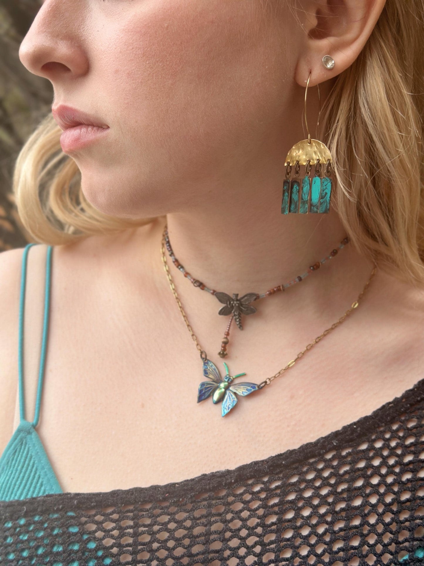 Luminous Butterfly Necklace- Hand Enamel Blue Purple Green Solid Brass - 16in