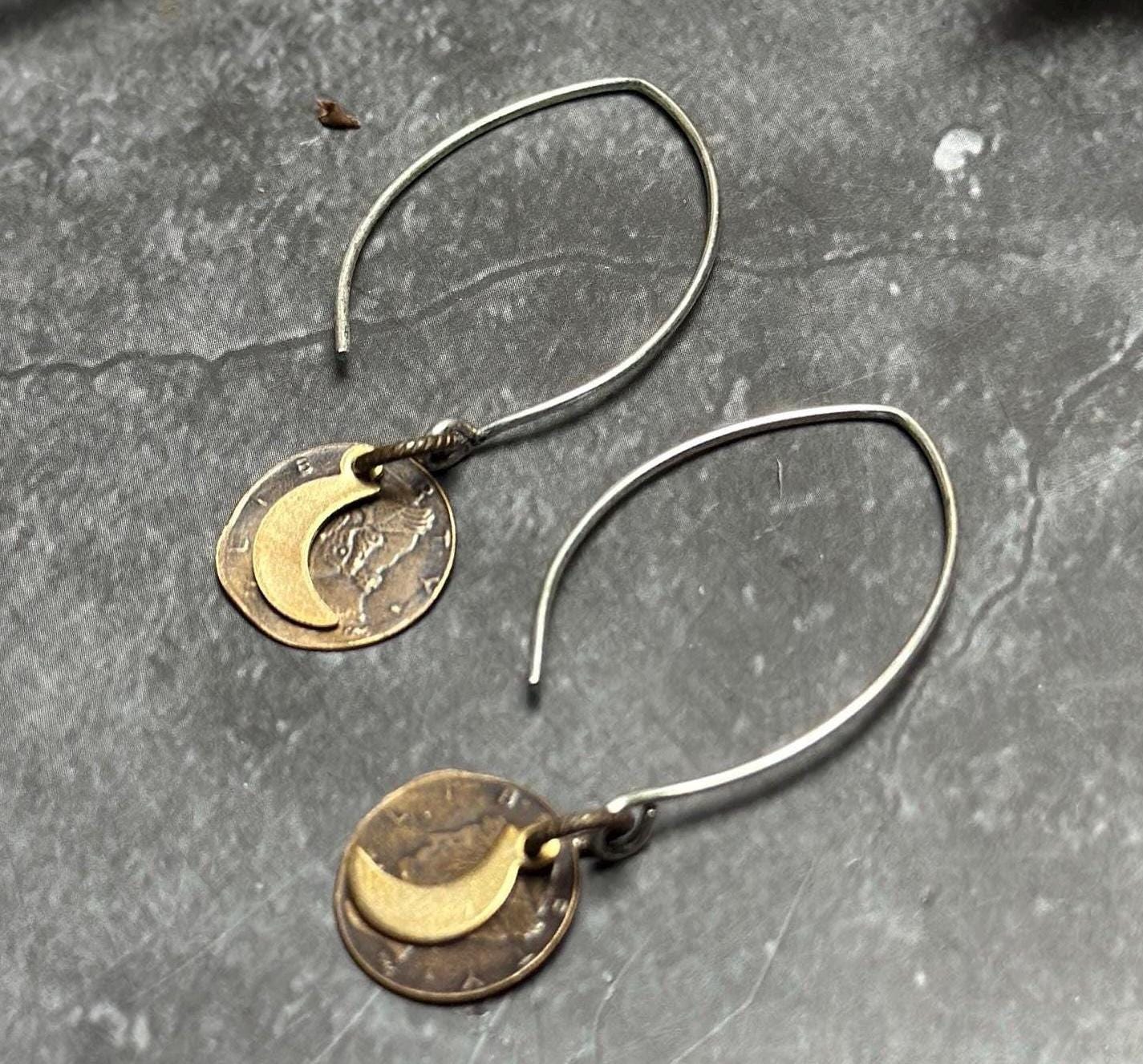 Crescent Moon Coin Earrings - Handmade Solid Beaten Brass