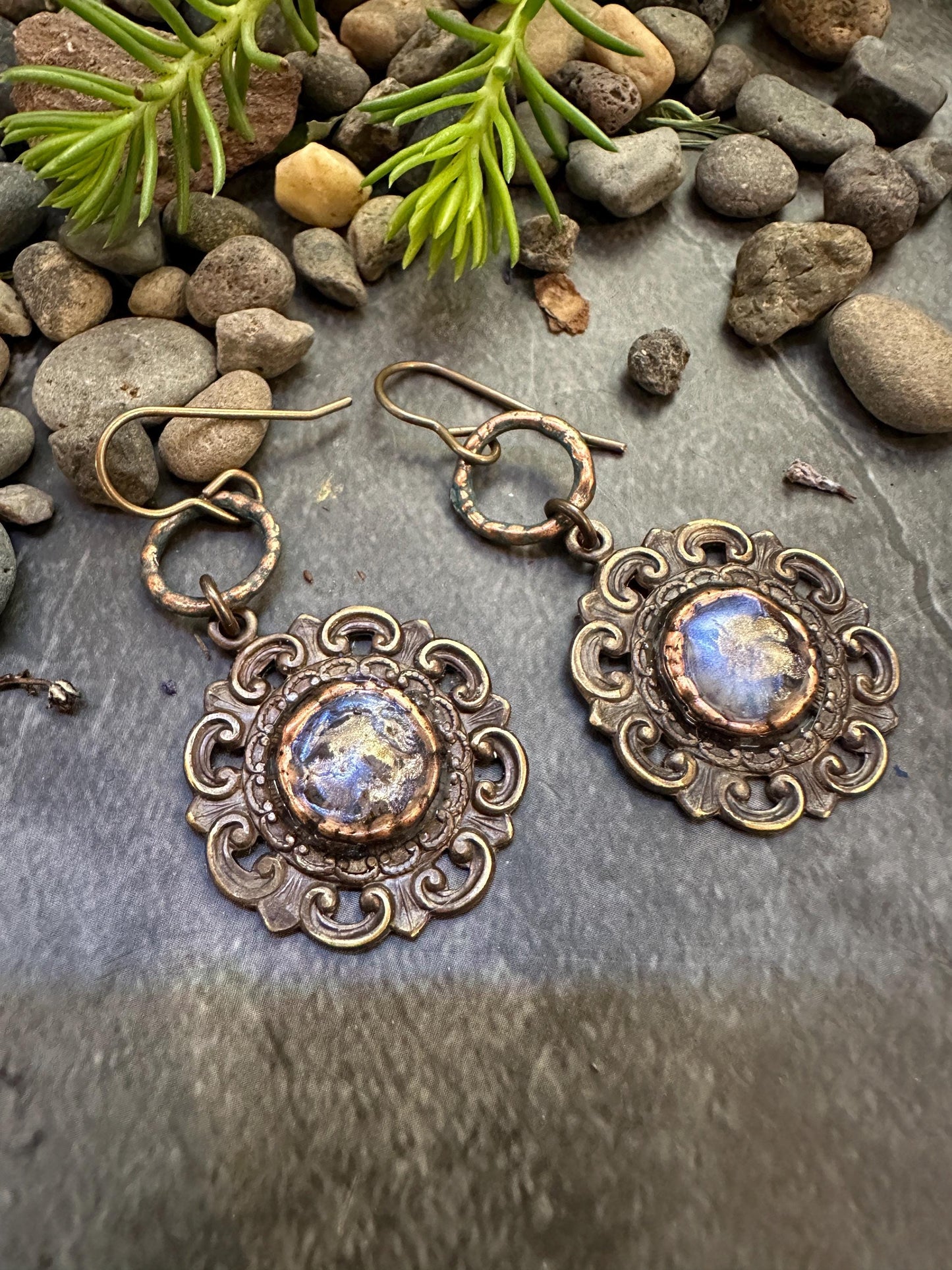 Dewdrop Garden Earrings- Handmade Solid Beaten Brass Iridescent Hand Patina