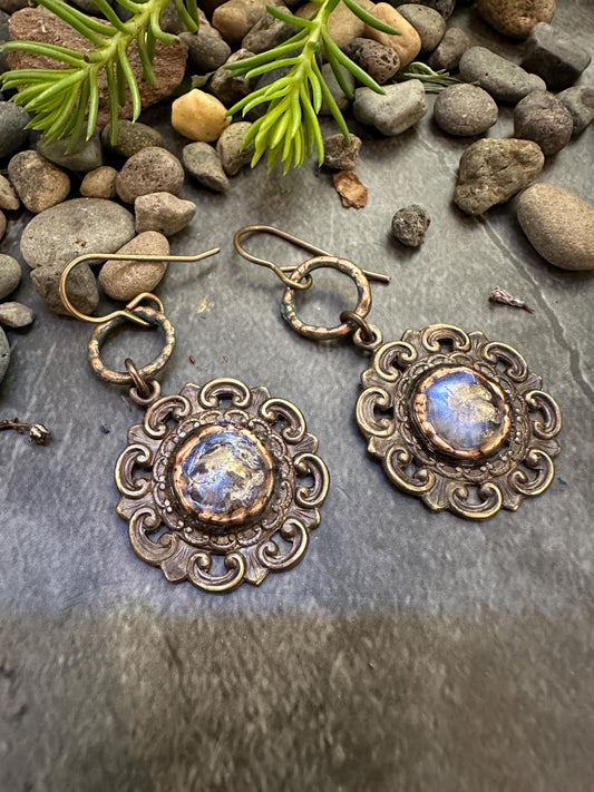 Dewdrop Garden Earrings- Handmade Solid Beaten Brass Iridescent Hand Patina