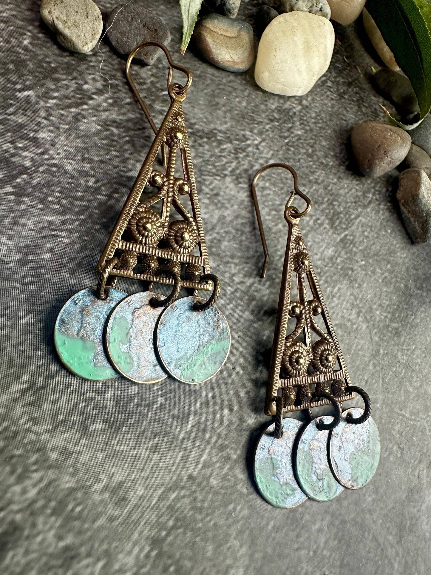 Sacred Triangle Coin Earrings - Patina Brass