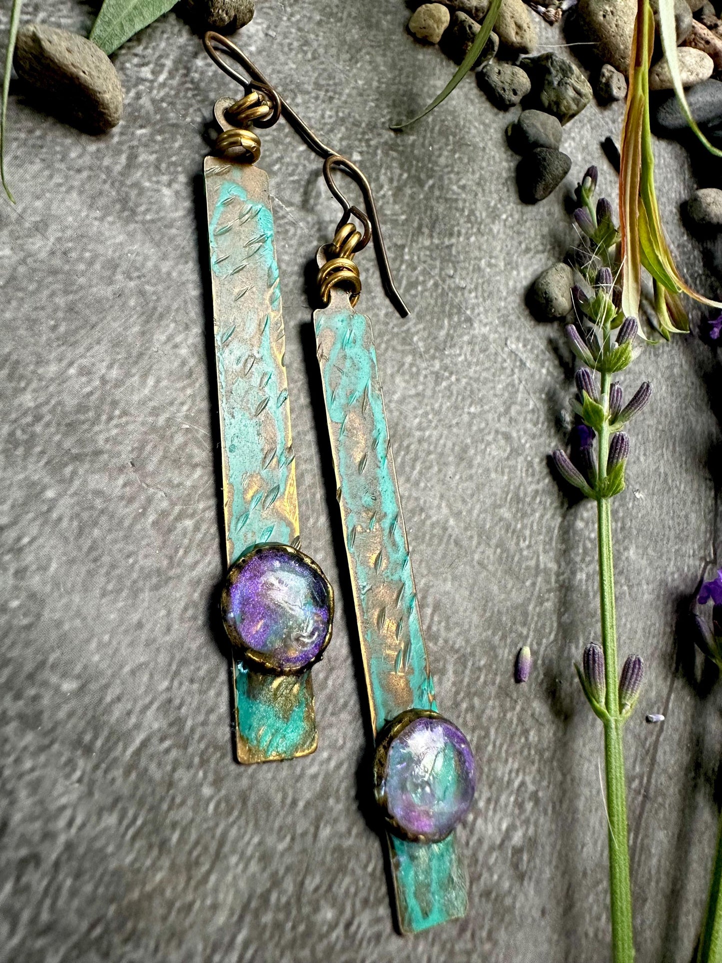 Gleaming Pool Rectangle Earrings- Handmade Beaten Brass with Hand Colored Iridescent Resin