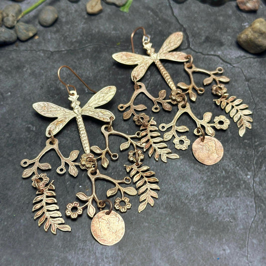 Dragonfly Meadow Floral Statement Earrings- Handmade Beaten Solid Brass