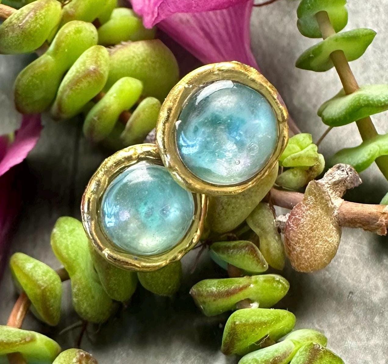 Moon Beam Post Earrings- Handmade Iridescent Hand Colored Resin- aqua