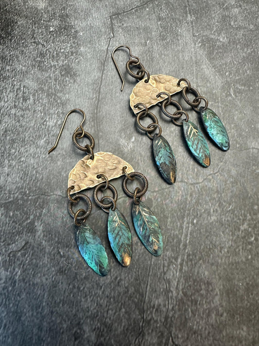 Lotus Petal Earrings - Handmade Solid Beaten Brass Hand Patina
