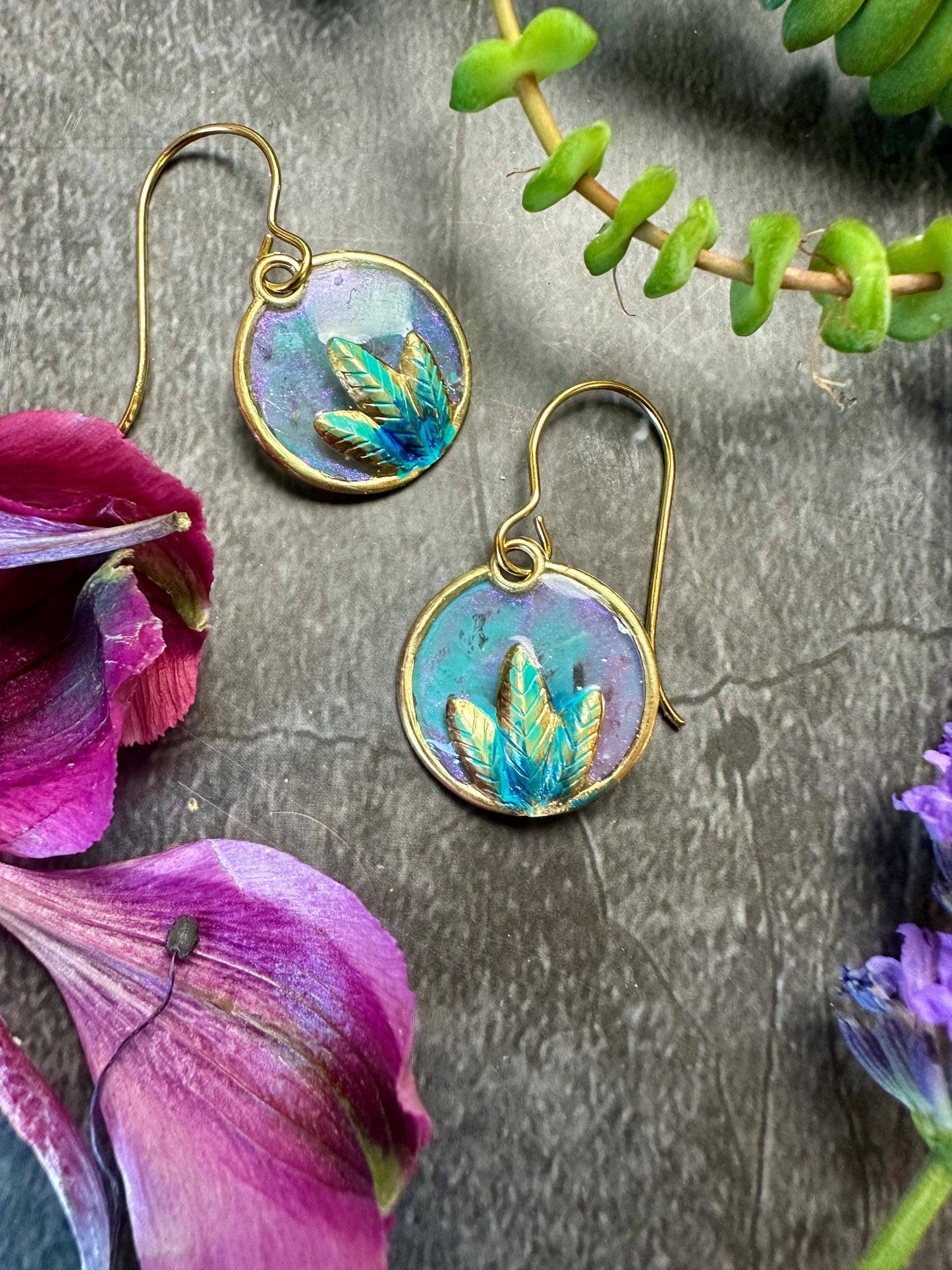 Lotus Leaf Earrings - Iridescent Patina Hand Colored Resin